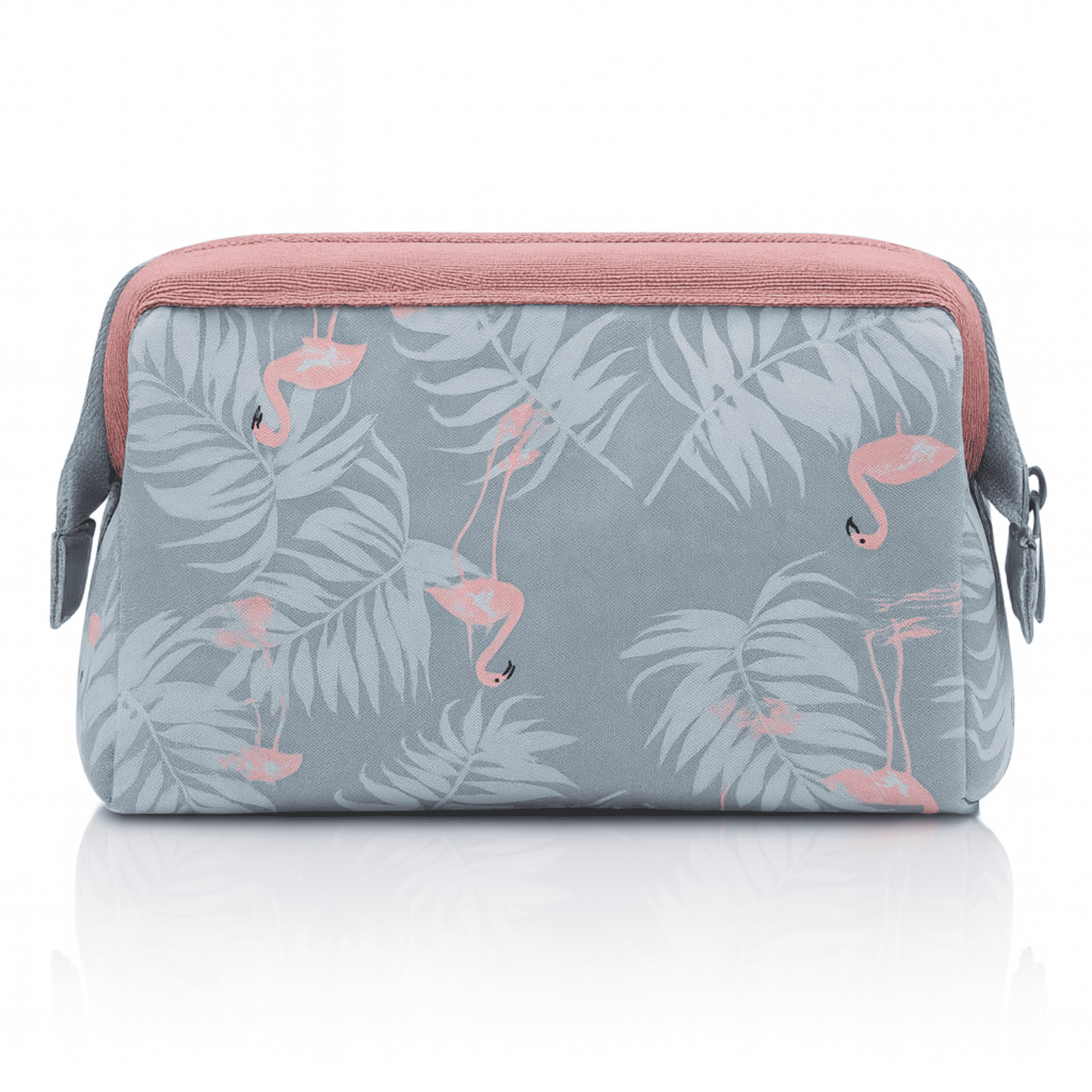 Trousse de toilette de voyage compacte motif flamants roses, vue de face, design élégant et moderne, parfaite pour femme.