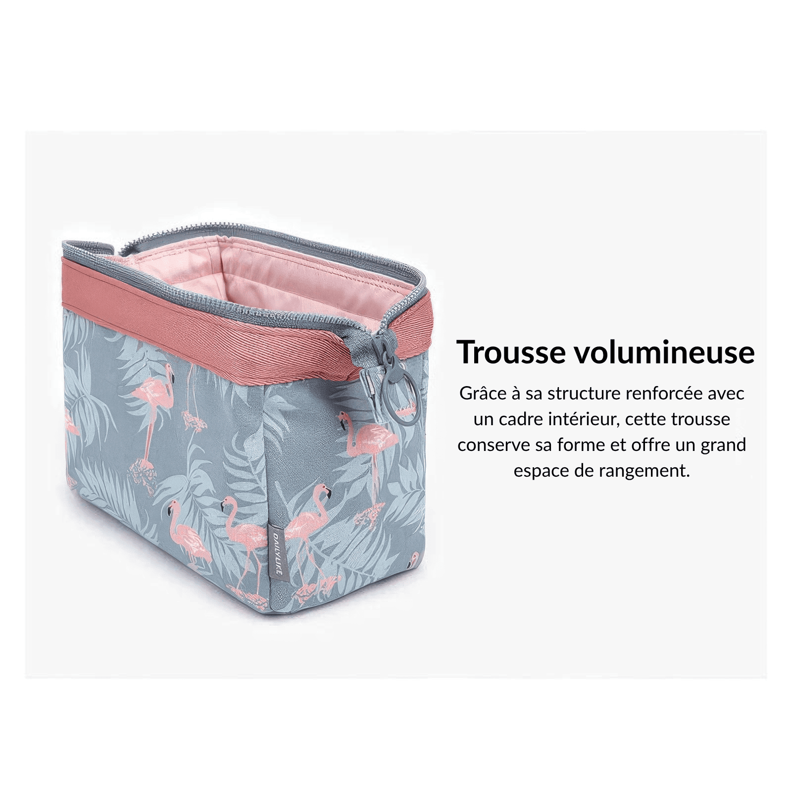 Trousse de toilette de voyage compacte pour femme, motif flamants roses sur fond gris et rose, grande capacité avec structure rigide pour un rangement optimal.