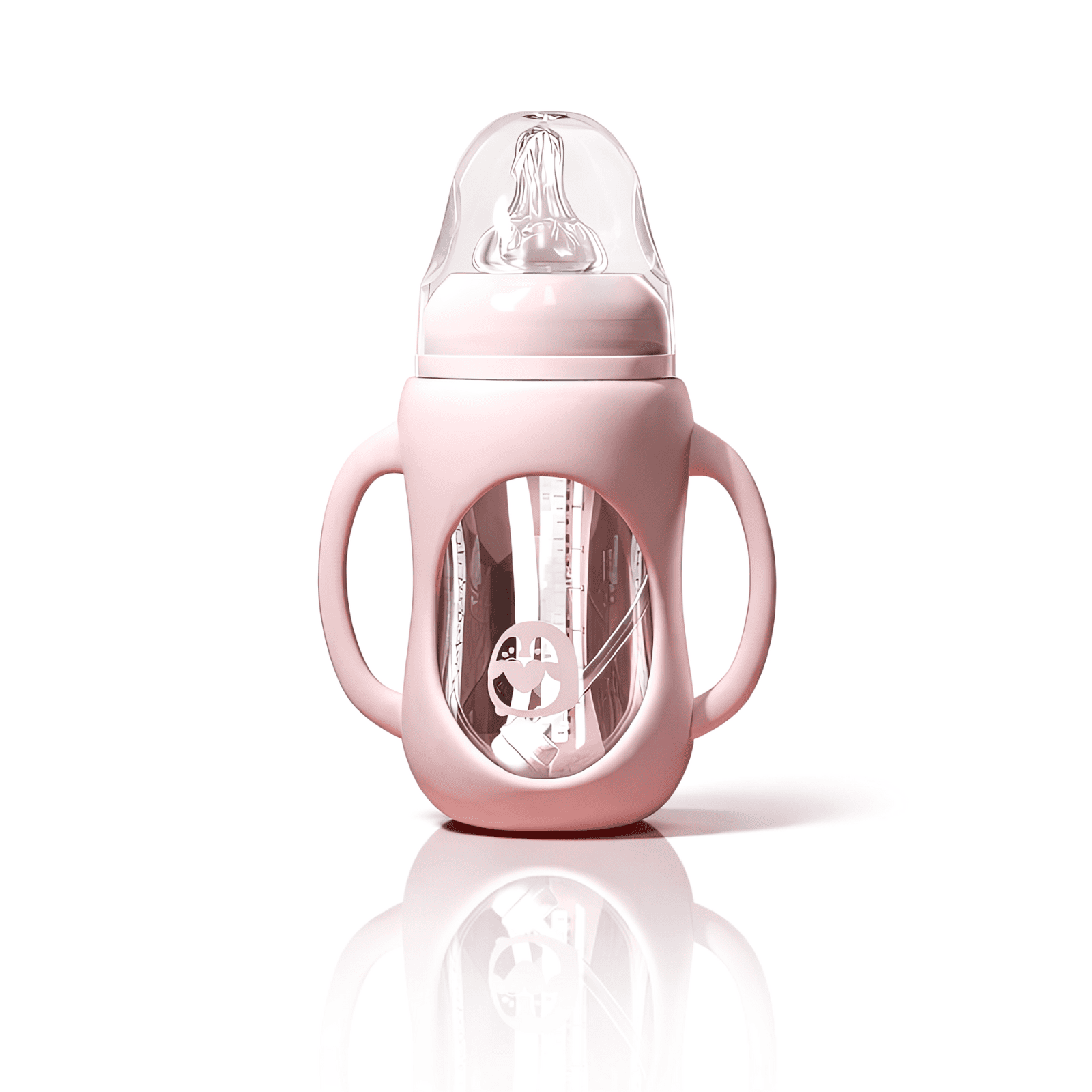 Biberon bébé en verre avec housse en silicone rose et poignées ergonomiques, vue sur fond blanc.