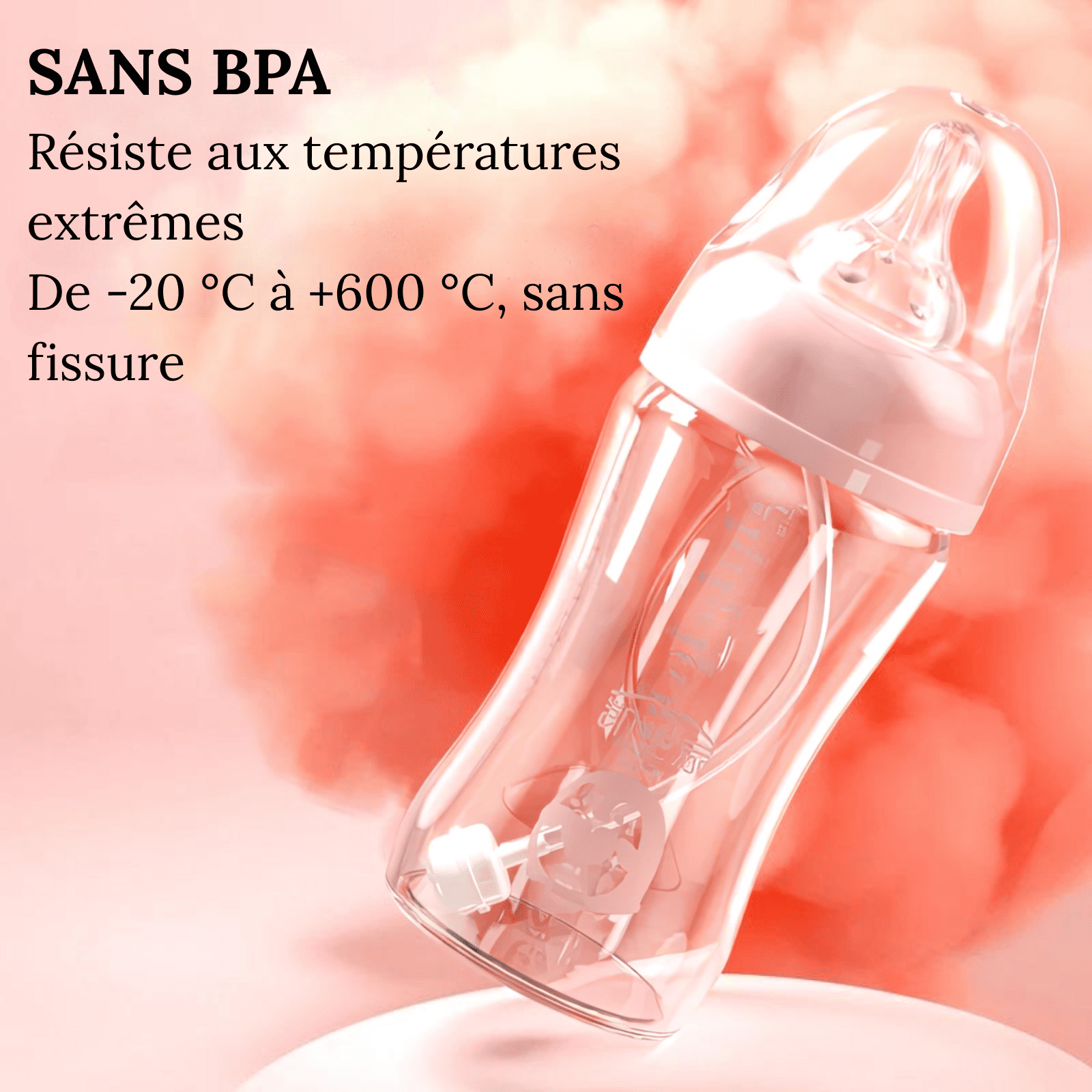 Biberon bébé en verre sans BPA résistant aux températures extrêmes, de -20 °C à +600 °C.