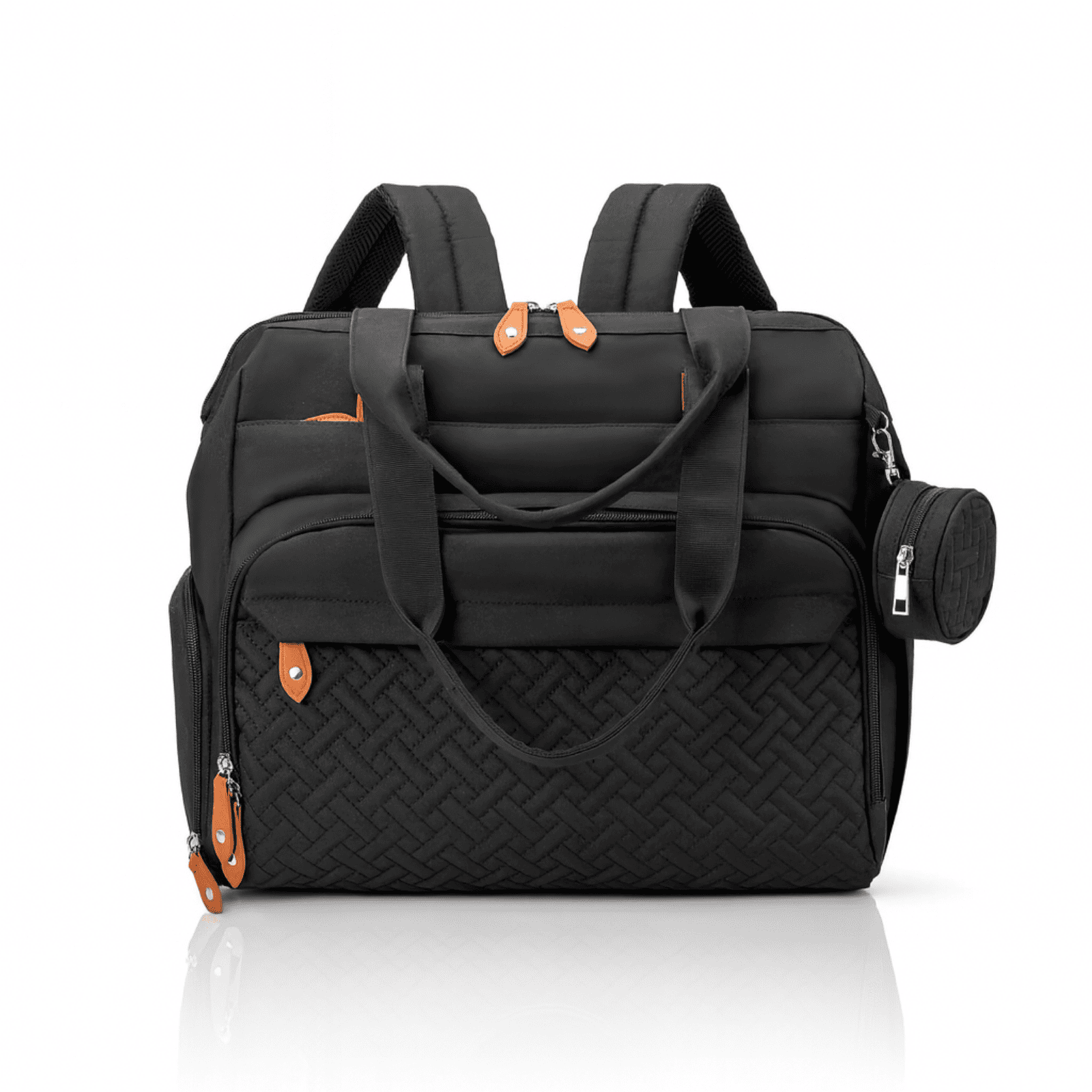 Grande trousse de toilette bébé noire avec design tressé élégant et étui à tétine latéral, idéale pour les parents en déplacement.