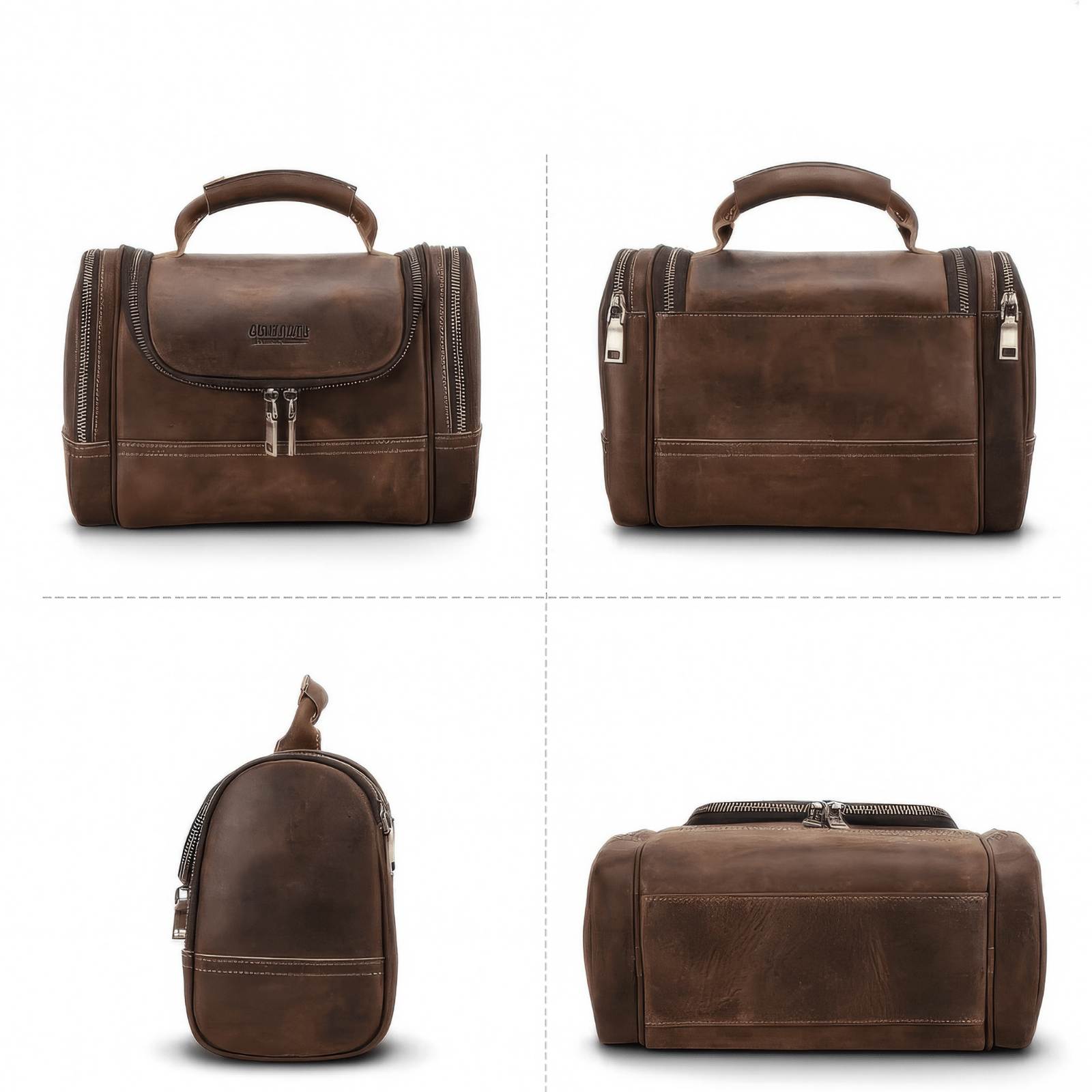 Grande trousse de toilette homme en cuir marron vue sous plusieurs angles (face, dos, côté, dessous)