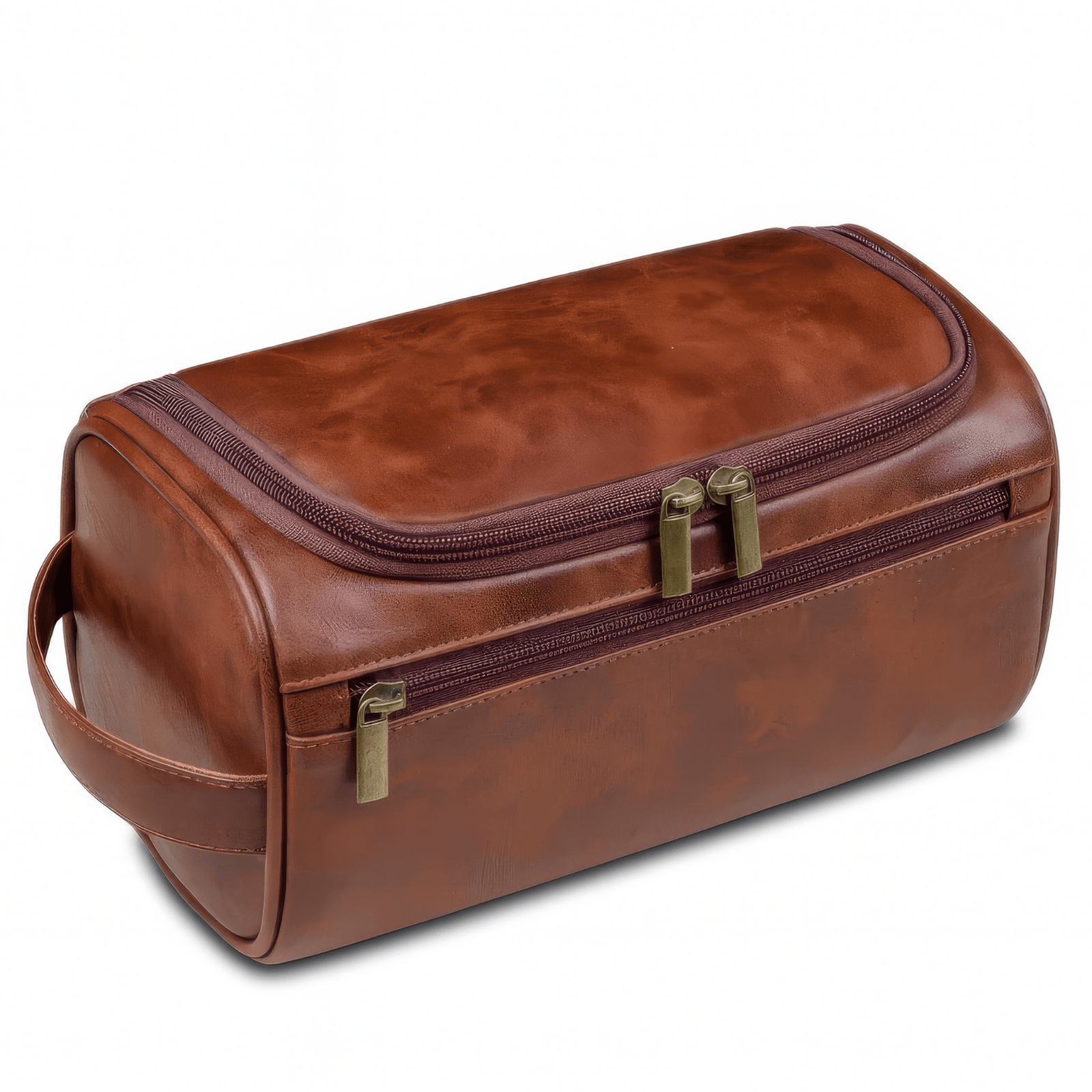 Grande trousse de toilette homme en simili cuir marron vue en angle