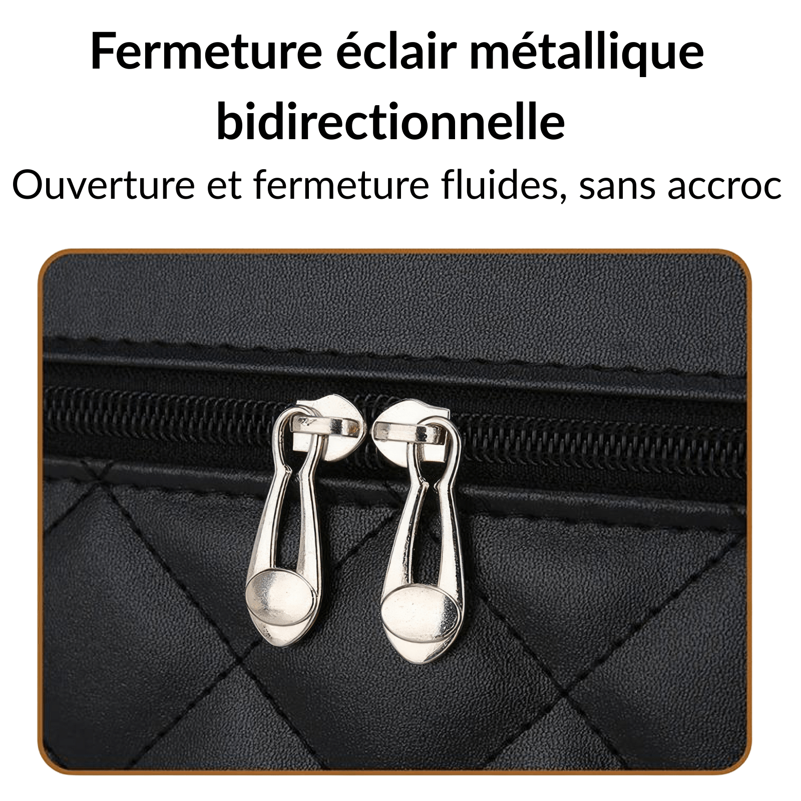 Fermeture éclair métallique bidirectionnelle argentée sur trousse de toilette femme en simili cuir noir.