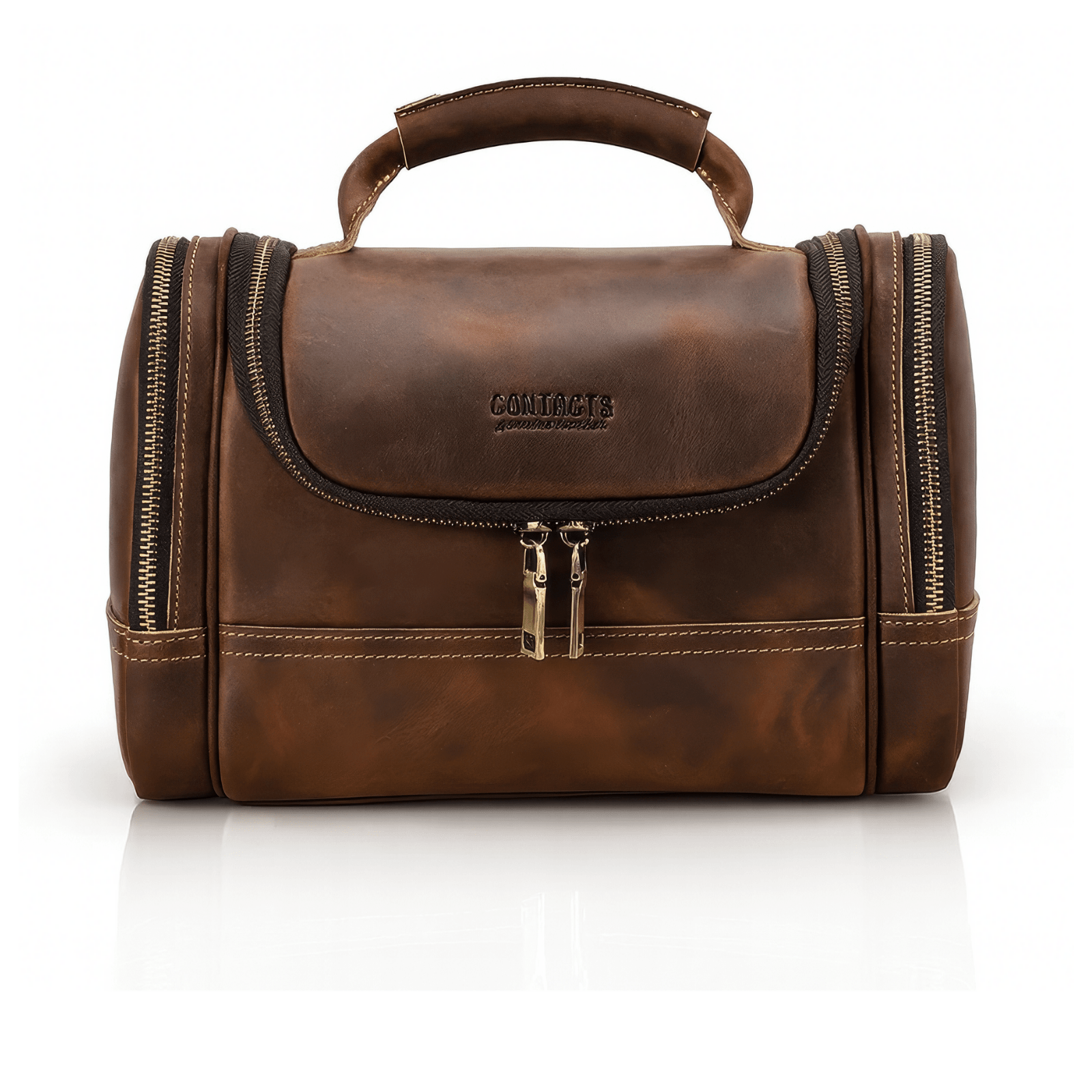 Grande trousse de toilette homme cuir marron vue avant avec coutures contrastées et logo embossé