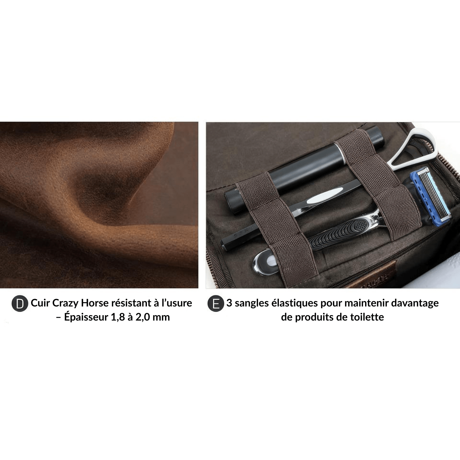 Cuir Crazy Horse marron grande trousse de toilette homme avec sangles élastiques