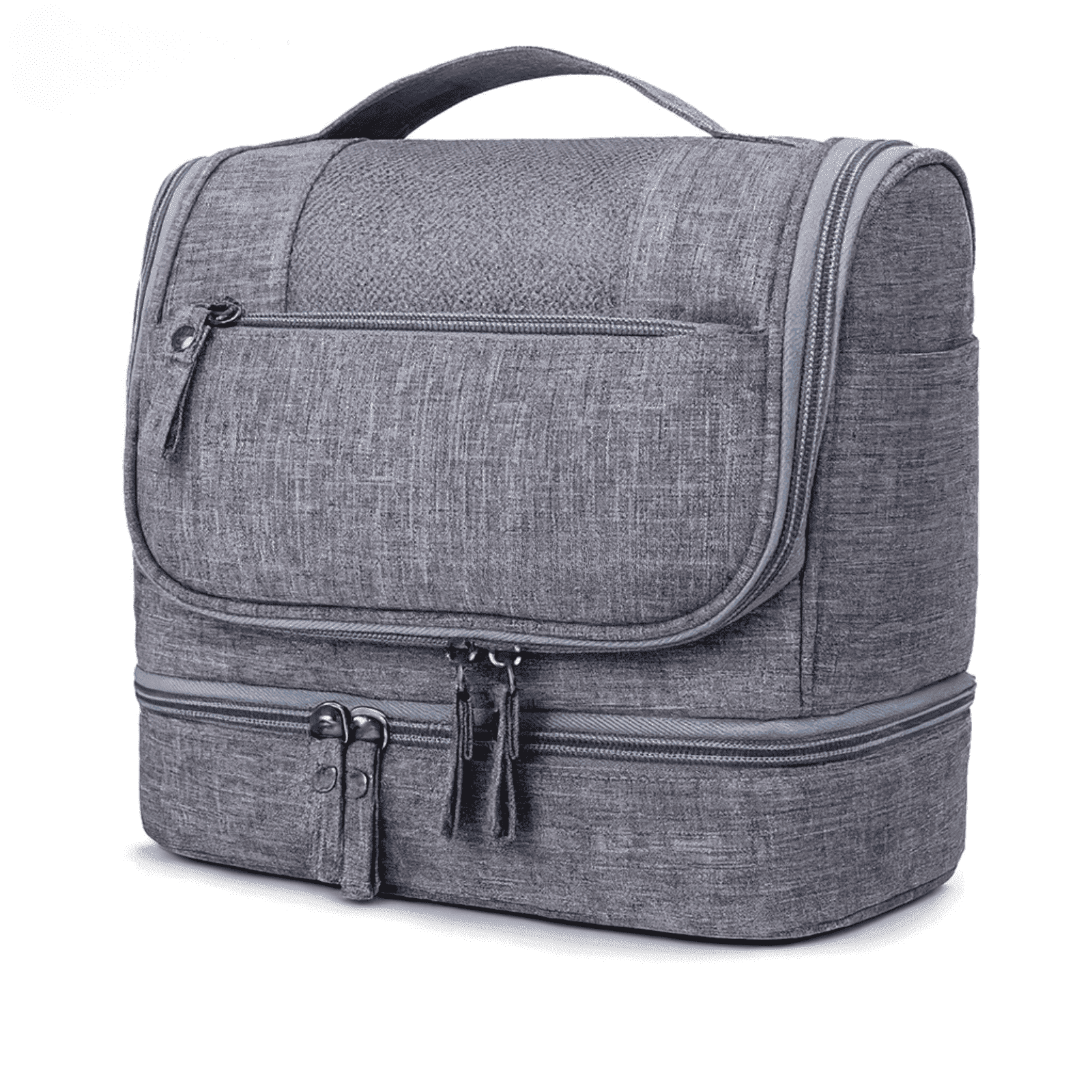 Grande trousse de toilette voyage grise vue en angle