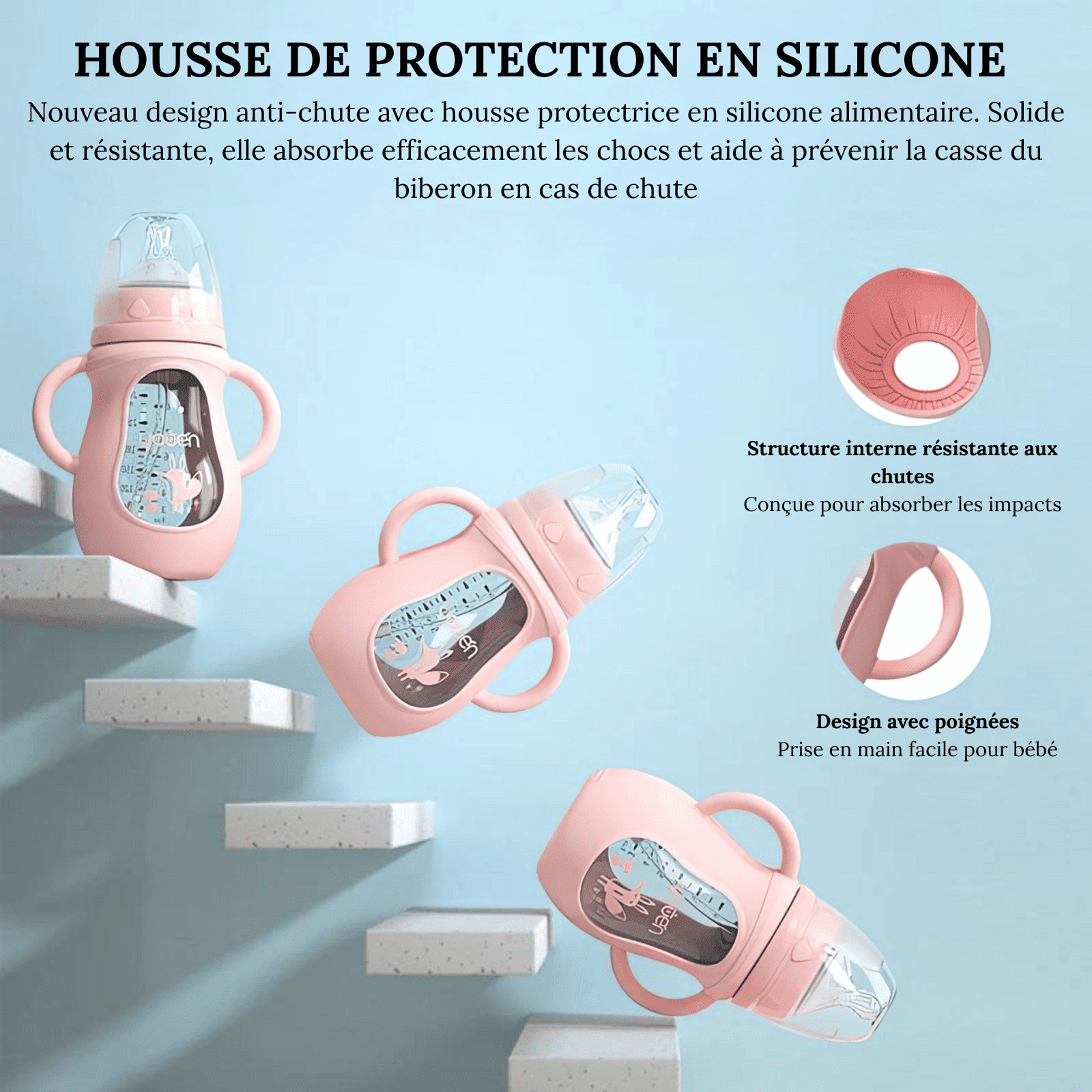 Housse de protection en silicone pour biberon bébé avec poignées, conçue pour absorber les chocs et prévenir la casse.