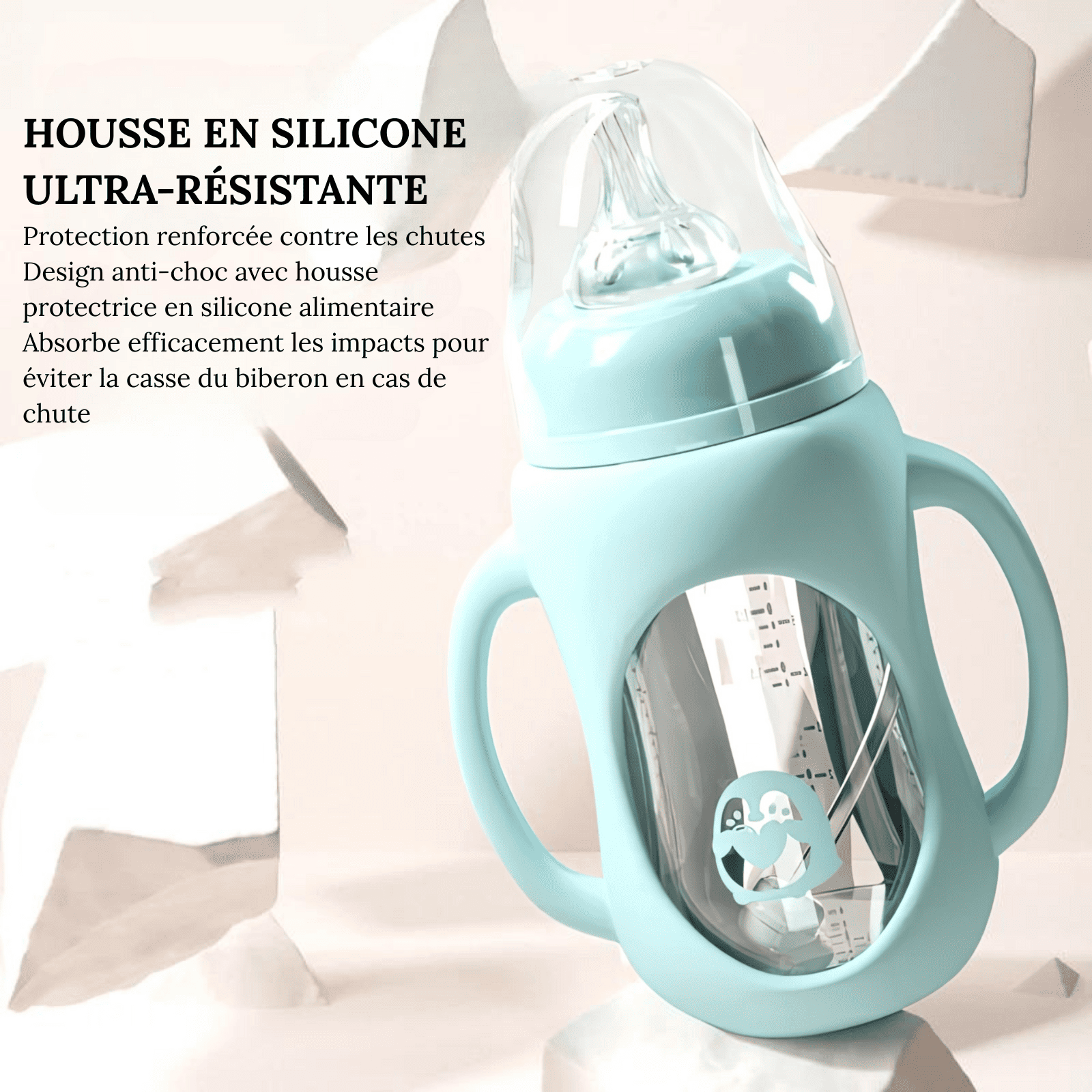 Housse en silicone ultra-résistante protégeant le biberon bébé contre les chutes et les chocs.