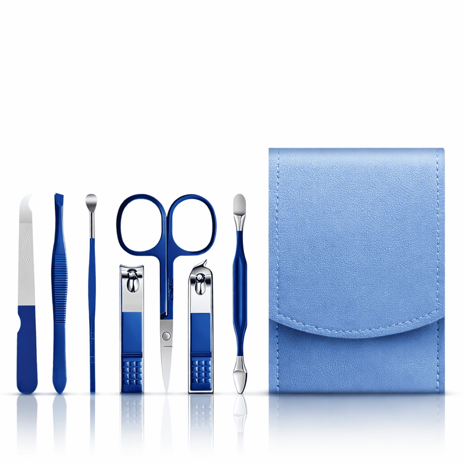 Kit de manucure bleu avec étui et accessoires de soin des ongles.