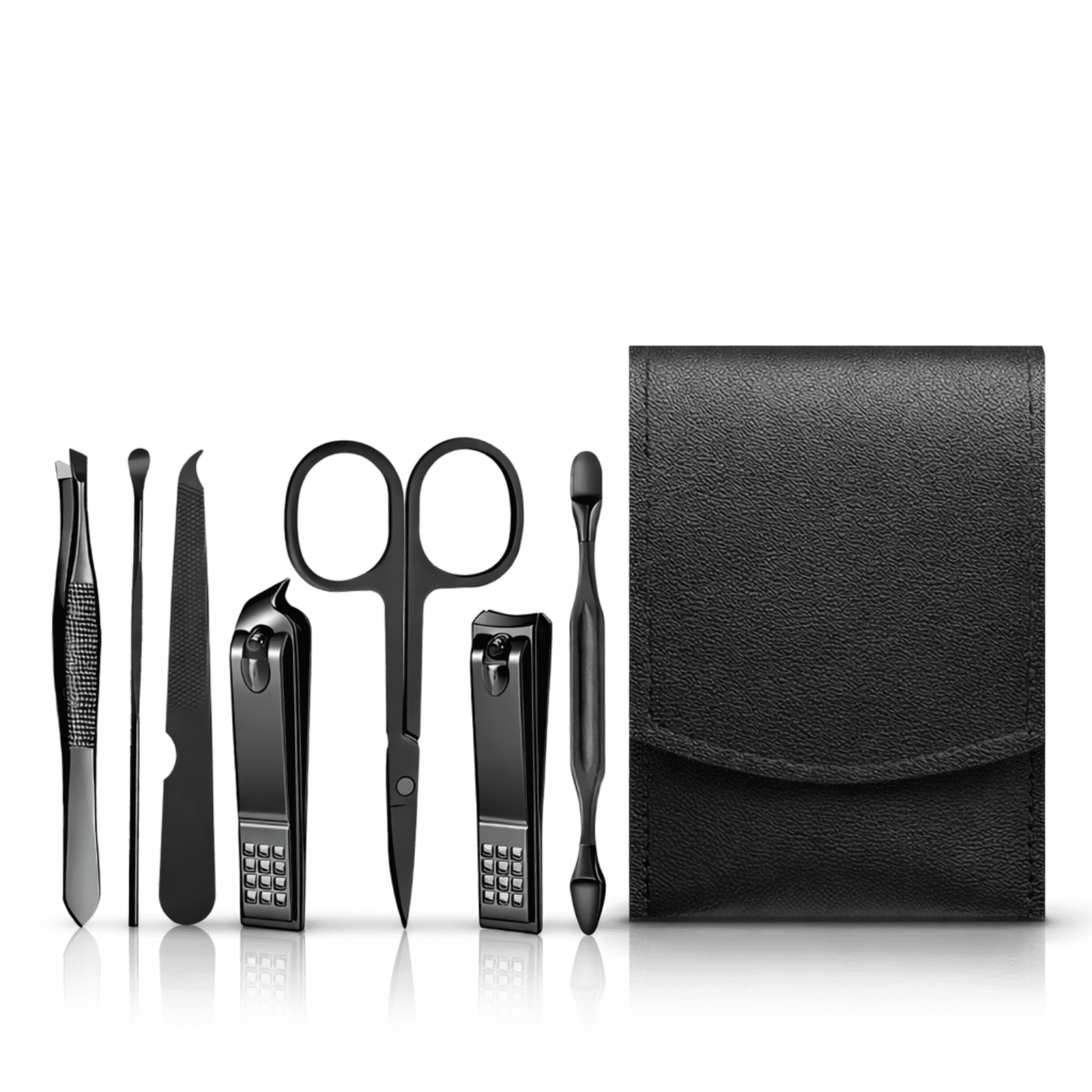 Kit de manucure noir avec accessoires complets pour l’entretien des ongles.