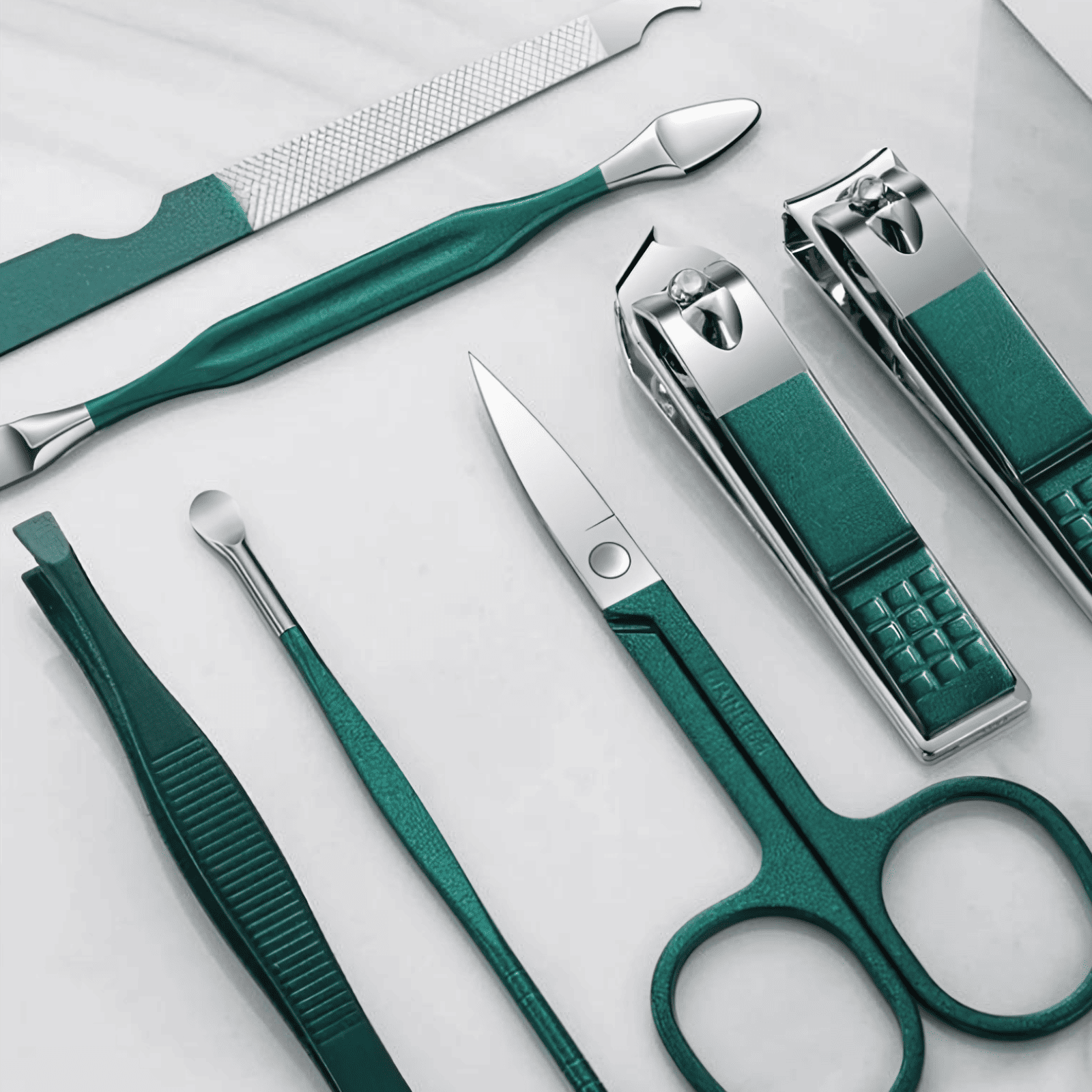 Outils de précision inclus dans un kit de manucure pour l’entretien des ongles.