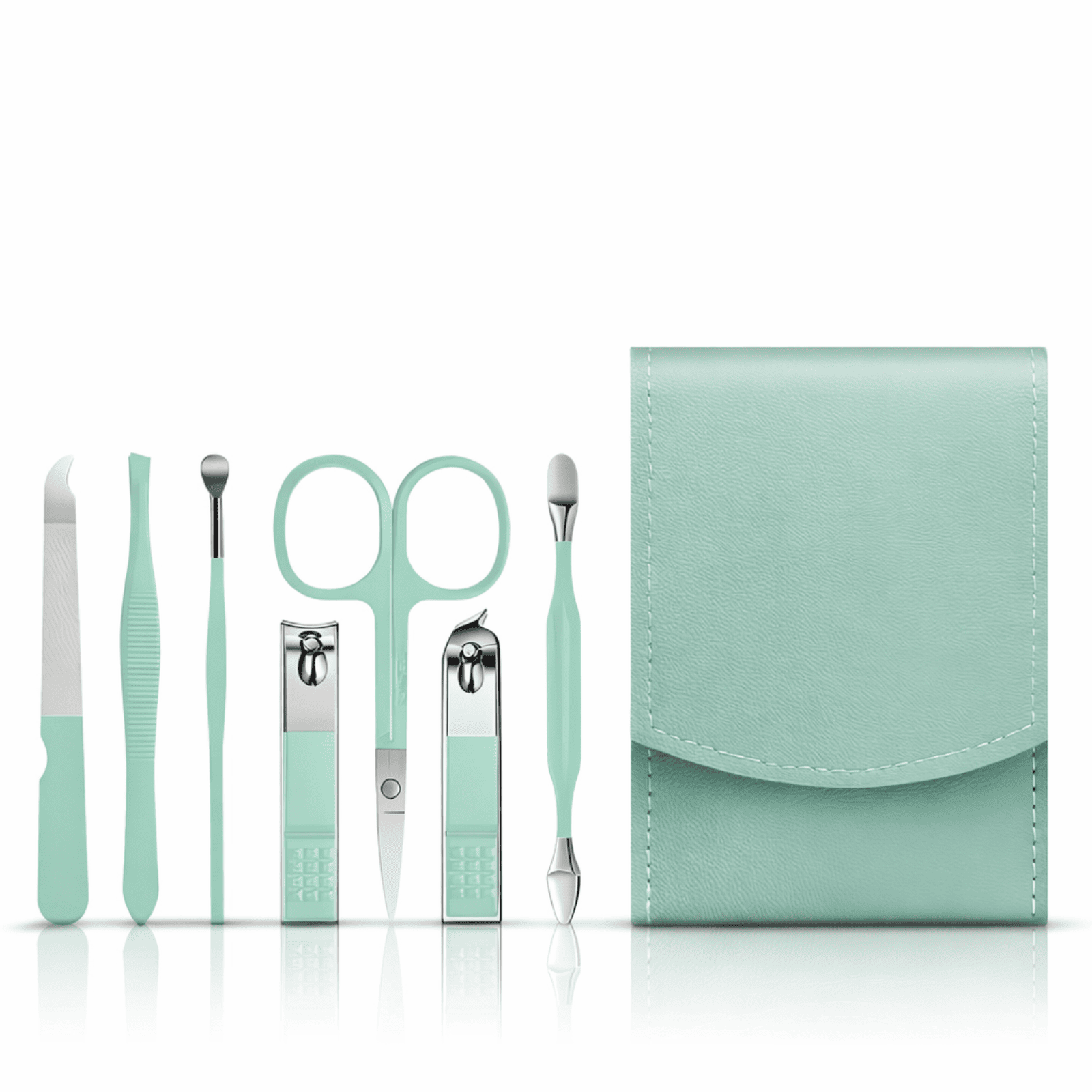 Kit de manucure vert menthe avec étui et outils assortis.