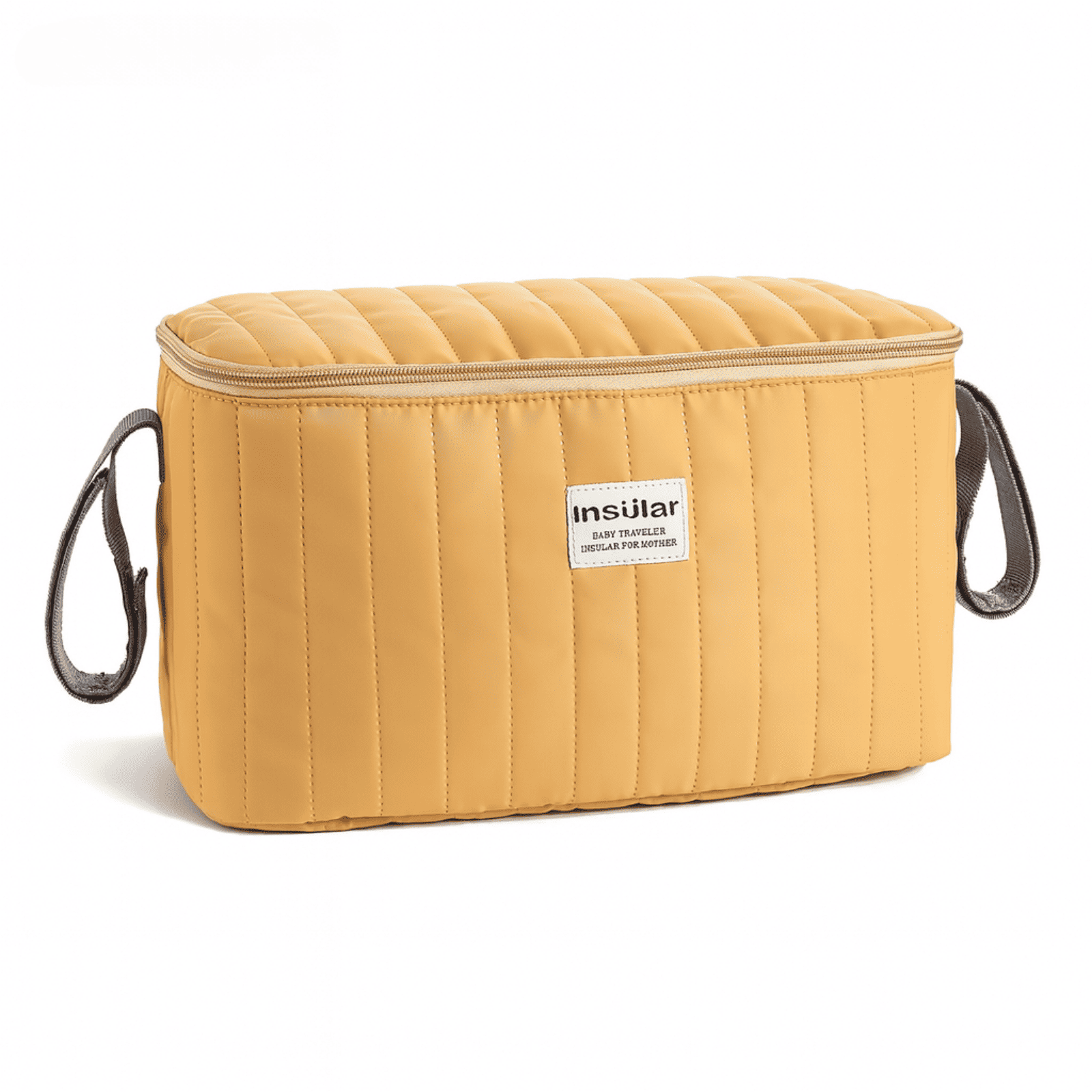 Trousse de toilette bébé jaune vue d’angle, compacte et pratique pour les accessoires
