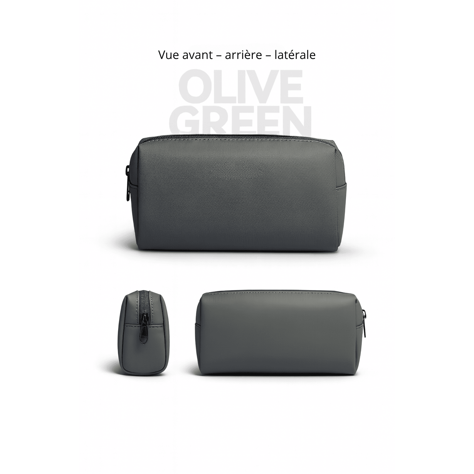 Mini trousse de toilette homme vert olive présentée sous différents angles : face, dos et profil.