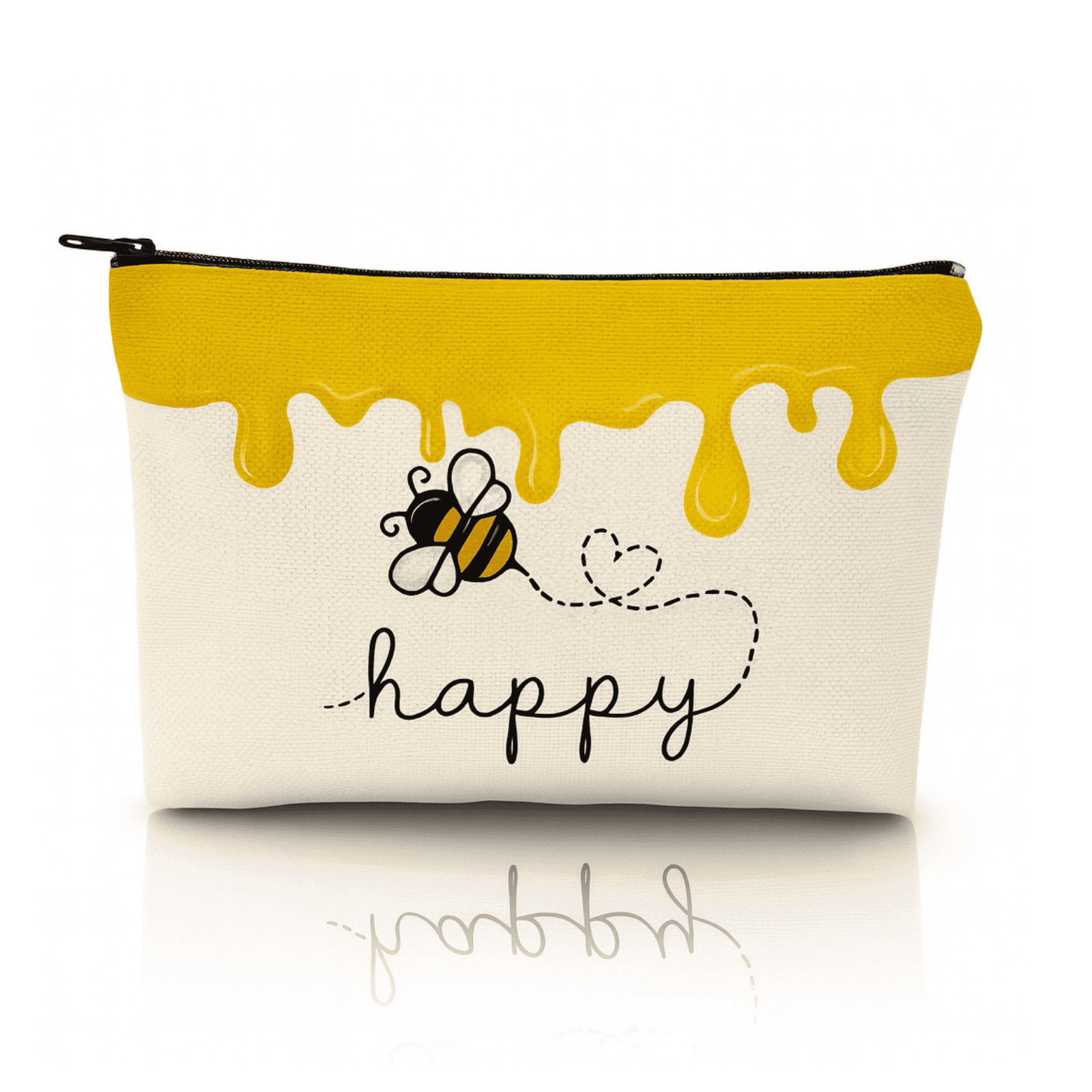 Petite trousse de toilette voyage motif abeille avec design miel et inscription happy