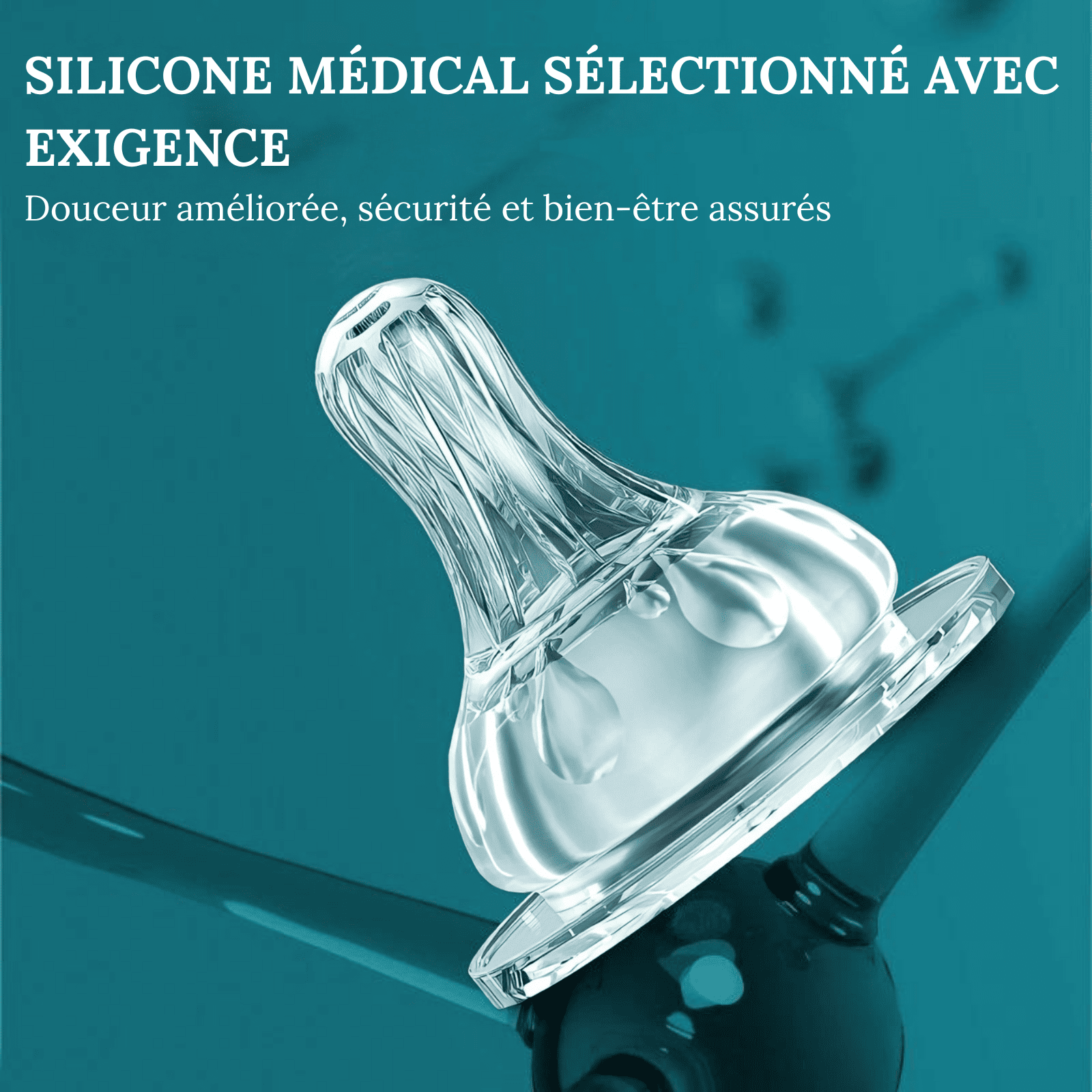 Tétine de biberon en silicone médical sélectionné, douce et sûre pour le confort et le bien-être de bébé.