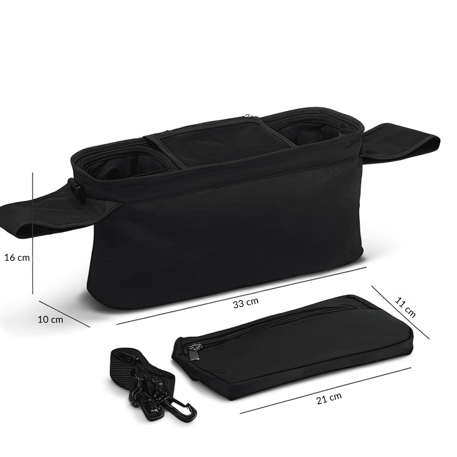 Trousse de toilette bébé noire avec accessoires détachables, vue avec dimensions et sangles réglables.