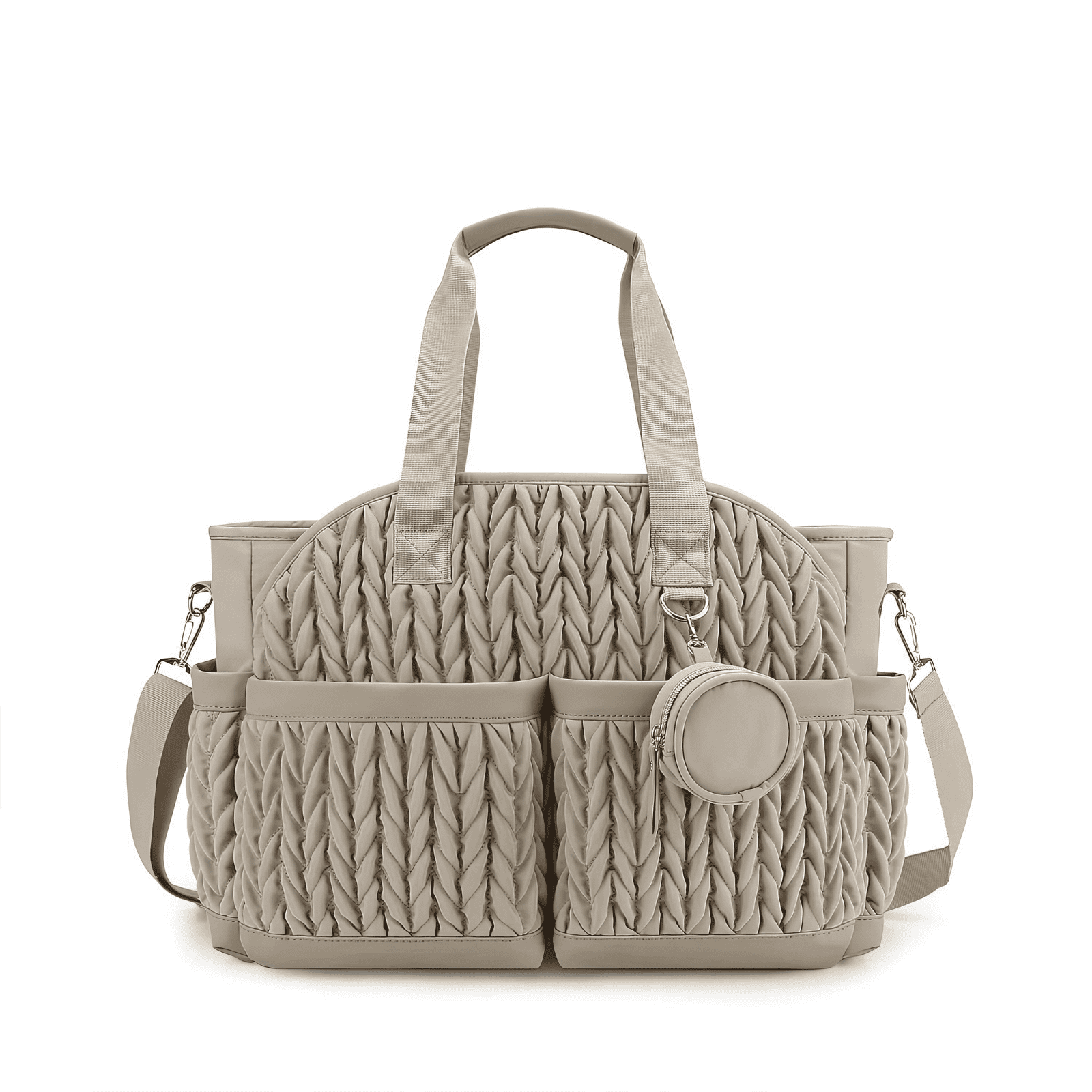 Trousse de toilette bébé confort beige avec design tressé élégant et grandes poches frontales pratiques.