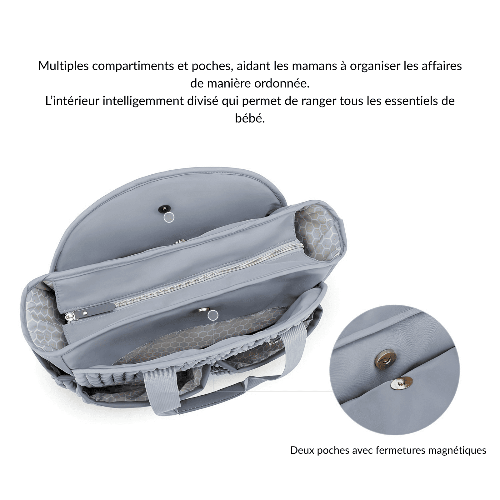 Trousse de toilette bébé confort grise avec multiples compartiments et poches magnétiques pour organiser les affaires de bébé.