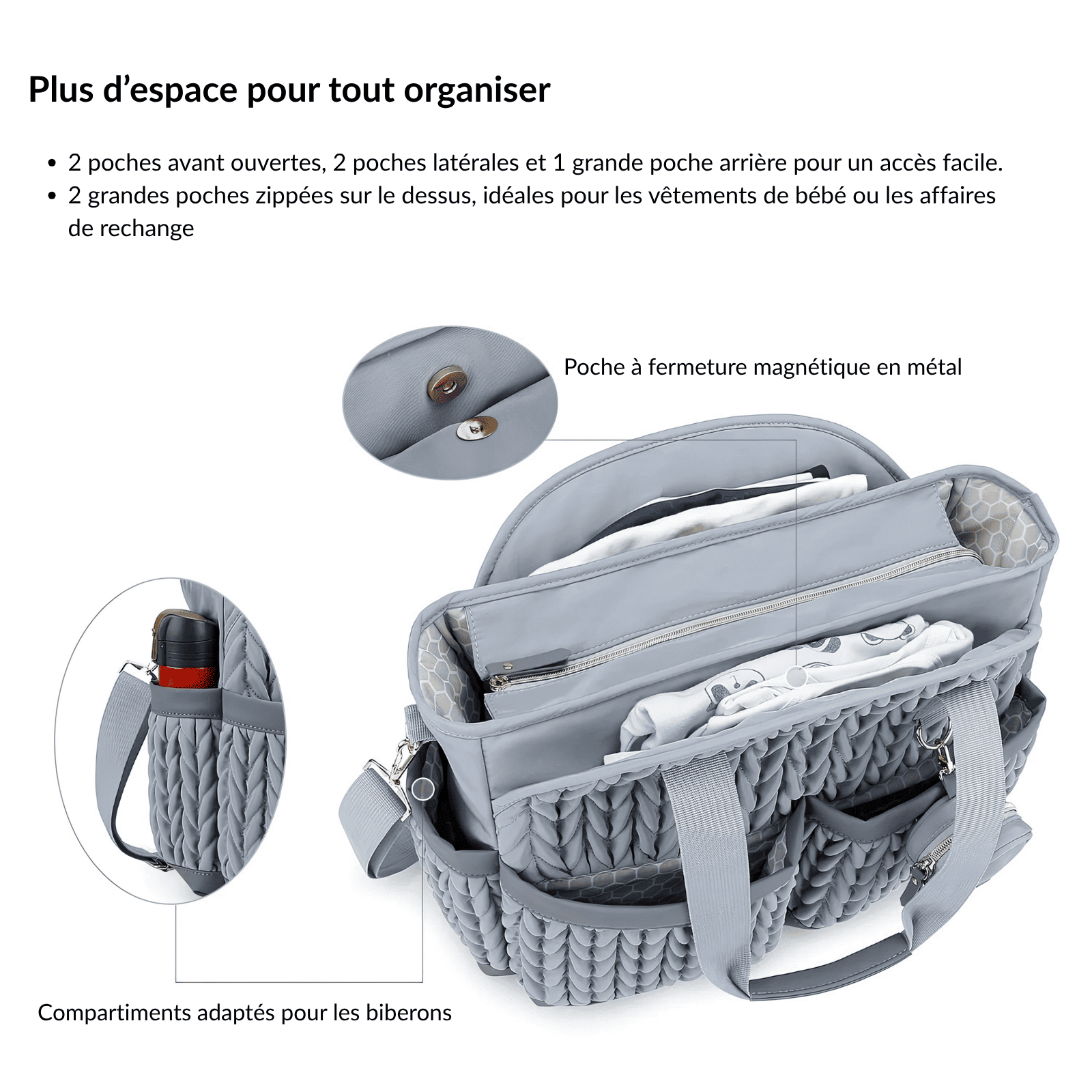 Trousse de toilette bébé confort grise vue de dessus, poches ouvertes et compartiments pour biberons et vêtements de bébé.