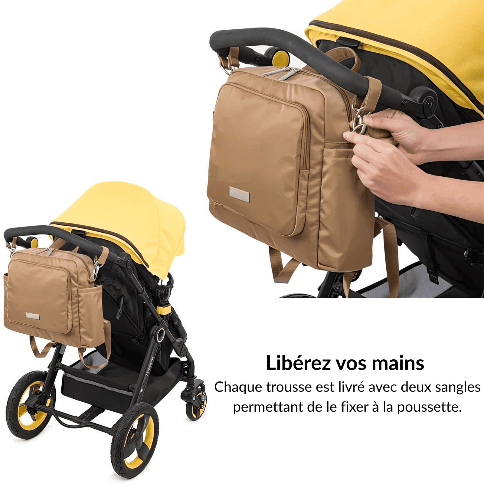 Trousse de toilette bébé maternité beige accrochée à une poussette grâce à des sangles, pratique pour libérer les mains des parents.