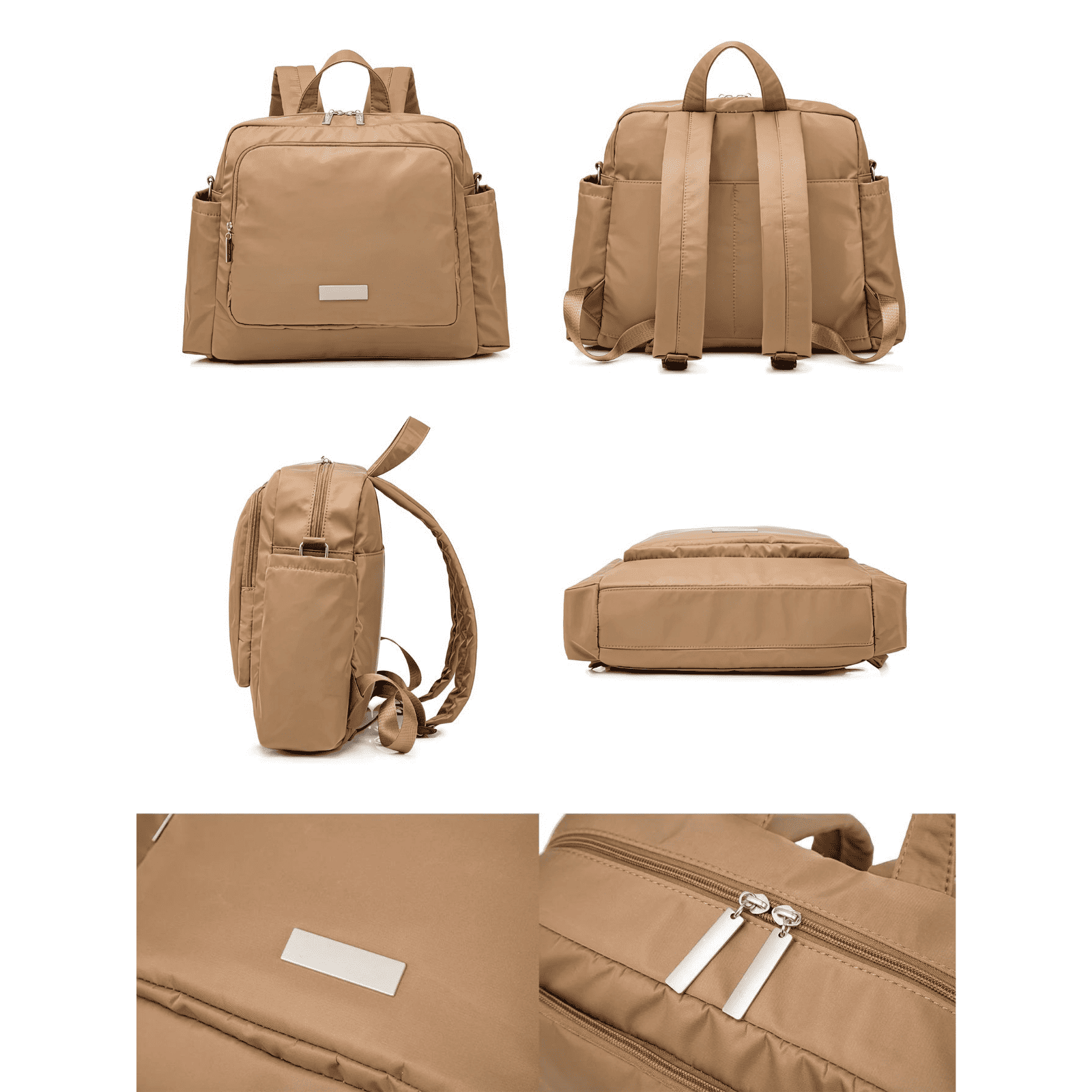 Trousse de toilette bébé maternité beige présentée sous différents angles, montrant son design complet et ses finitions de qualité.