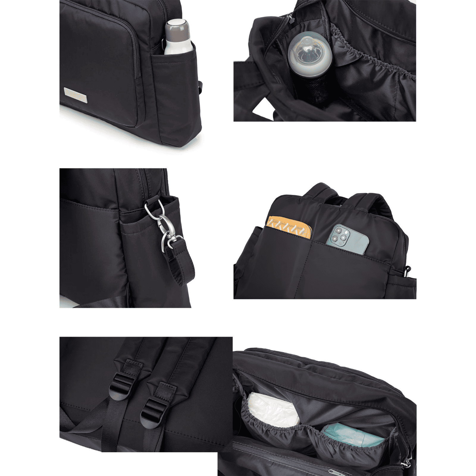 Trousse de toilette bébé maternité noire avec rangements intérieurs, poches extérieures et attaches solides pour biberons et accessoires.