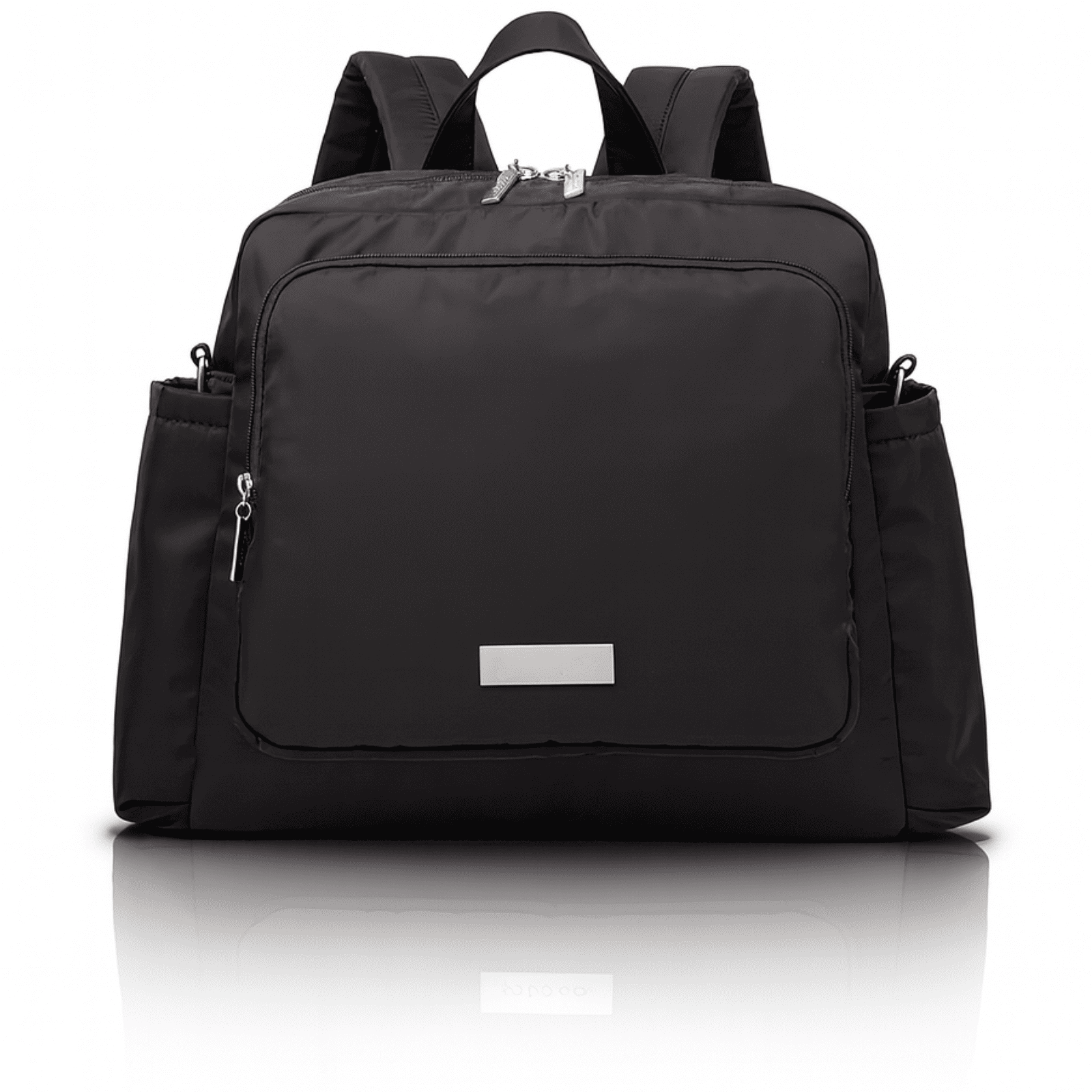 Trousse de toilette bébé maternité noire vue de face, modèle sobre et pratique avec poches latérales.