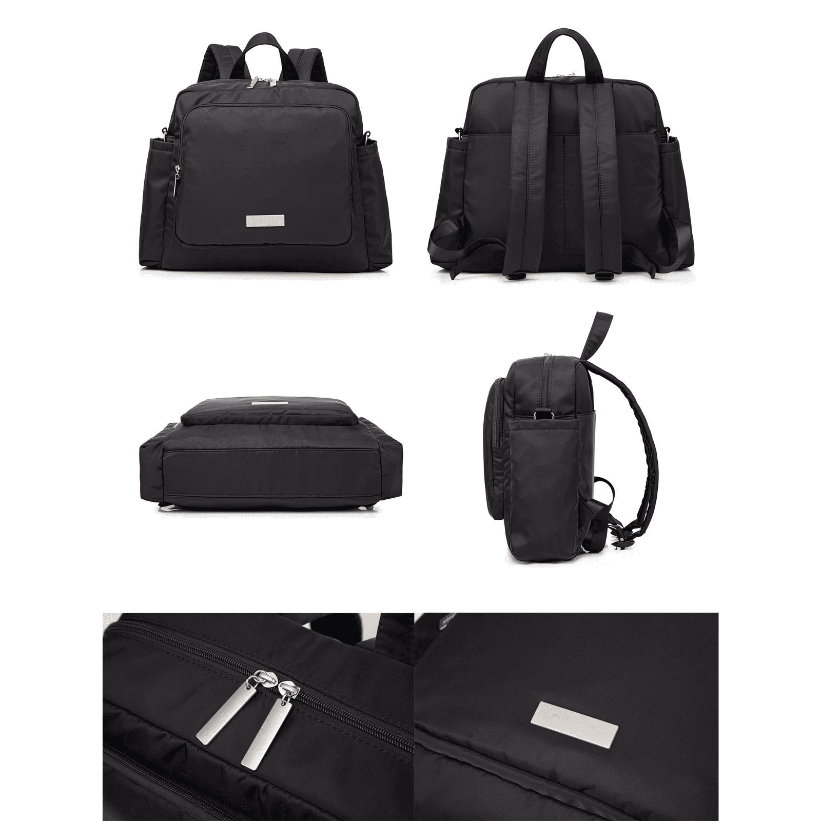 Trousse de toilette bébé maternité noire vue de face, de dos et de profil, idéale pour le rangement et le transport.