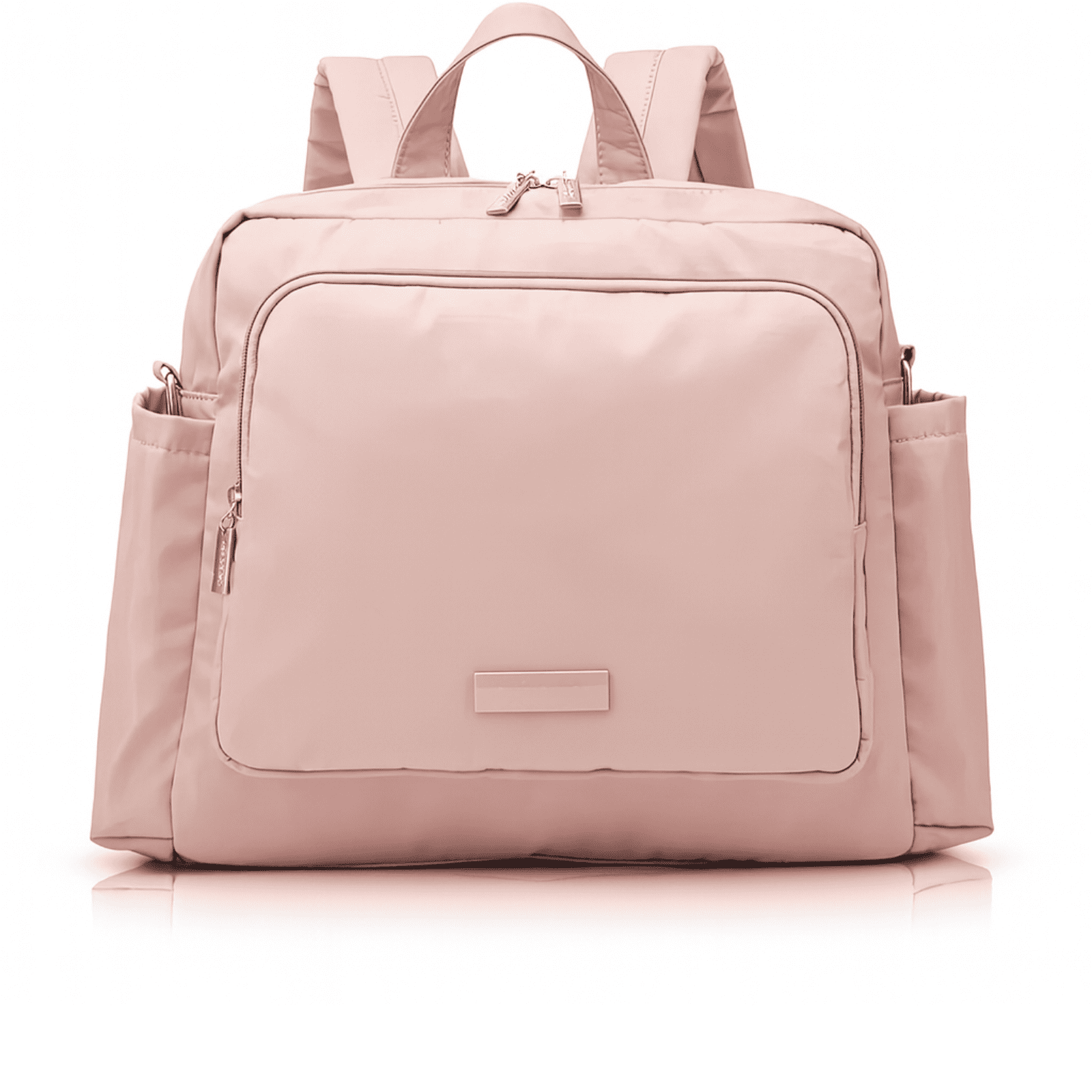 Trousse de toilette bébé maternité rose vue de face, style moderne et féminin avec grande poche frontale.