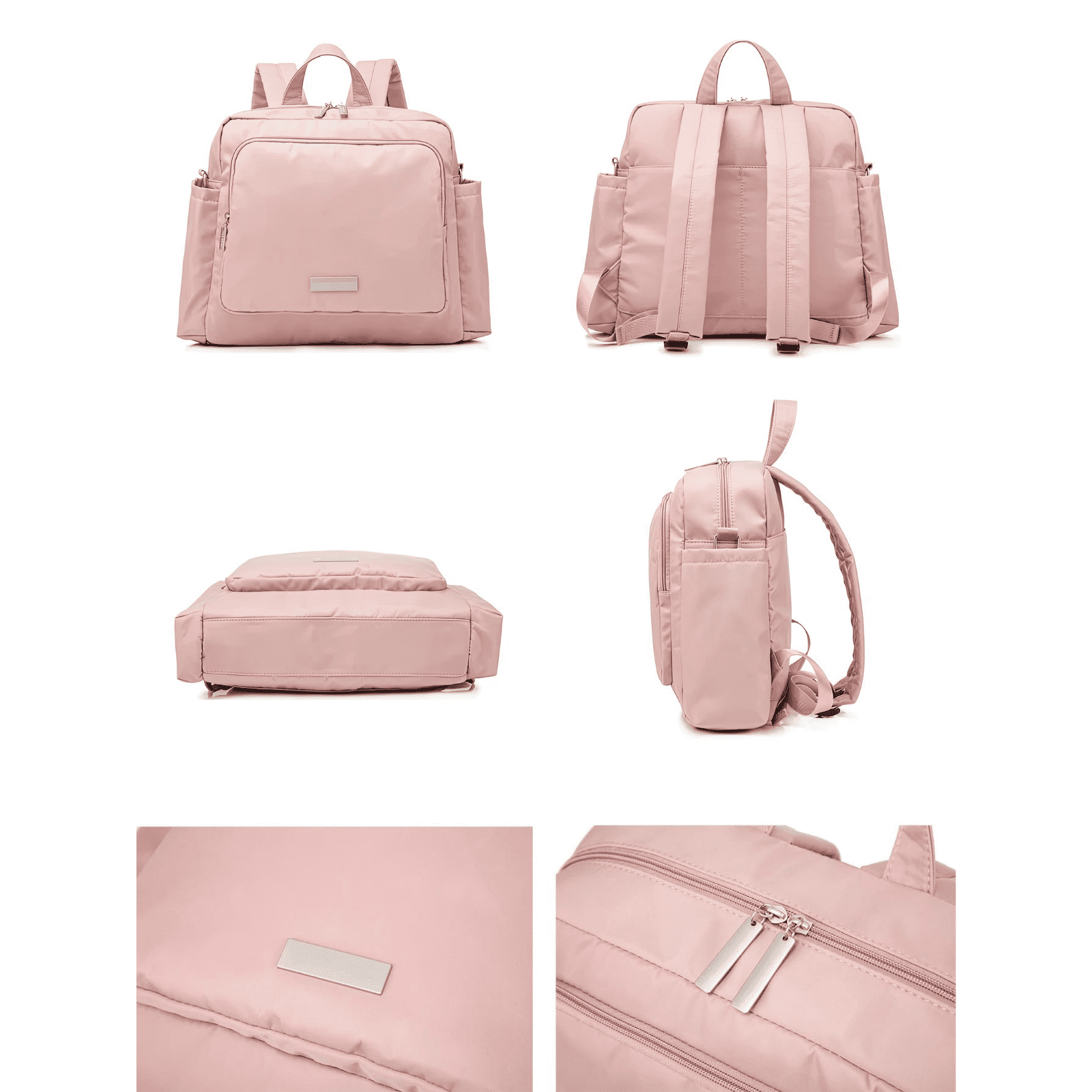 Trousse de toilette bébé maternité rose vue de face, dos et profil, présentant ses poches, zips et finitions soignées.