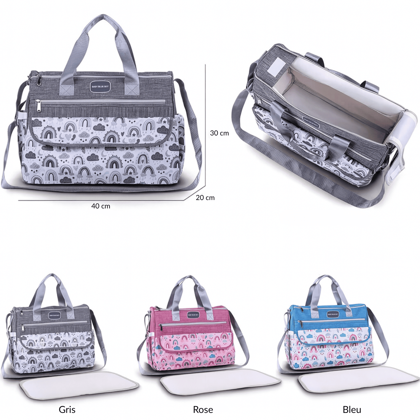 Trousse de toilette bébé vacances avec dimensions et modèles en gris, rose et bleu