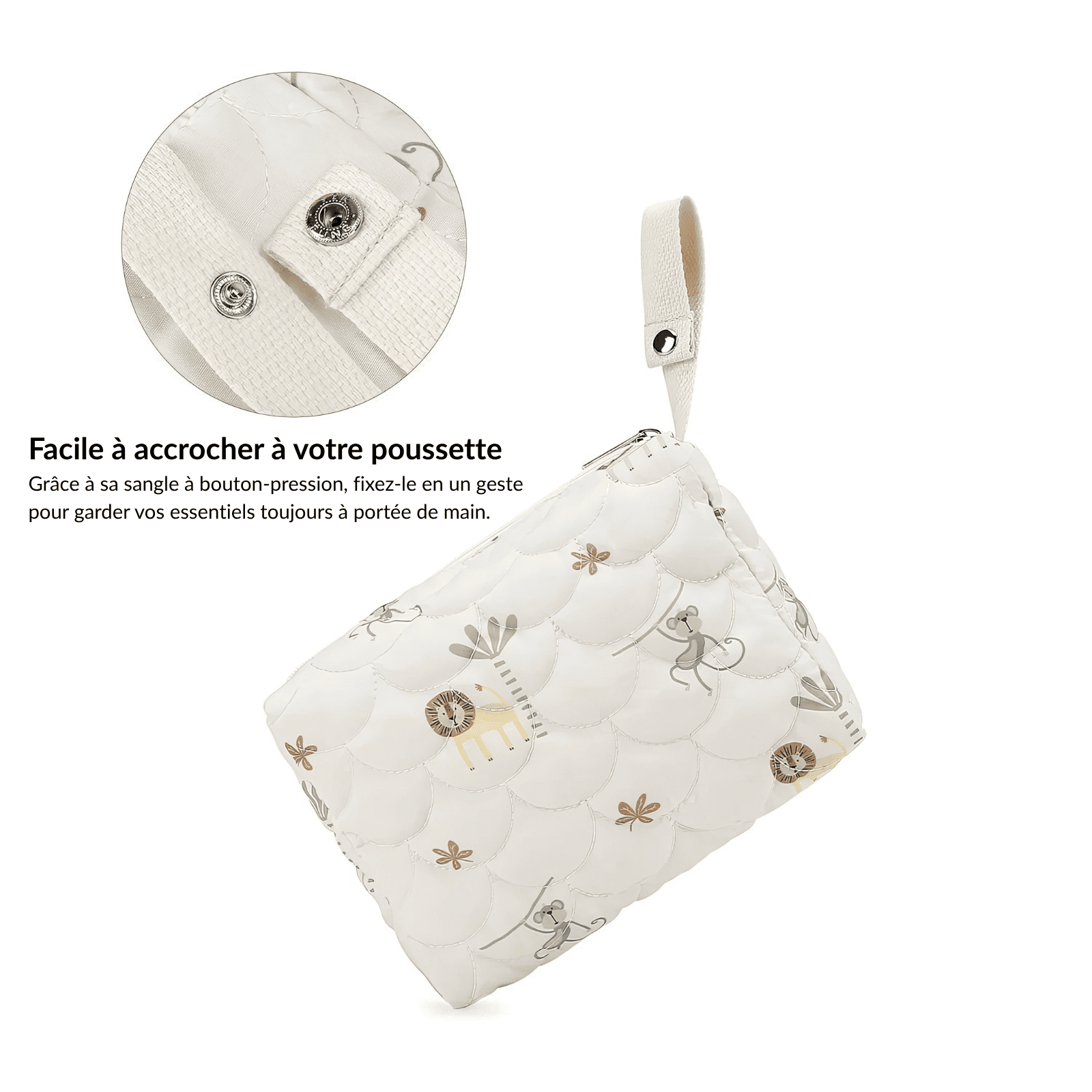 Trousse de toilette bébé vide blanc animaux avec sangle à bouton-pression pour poussette