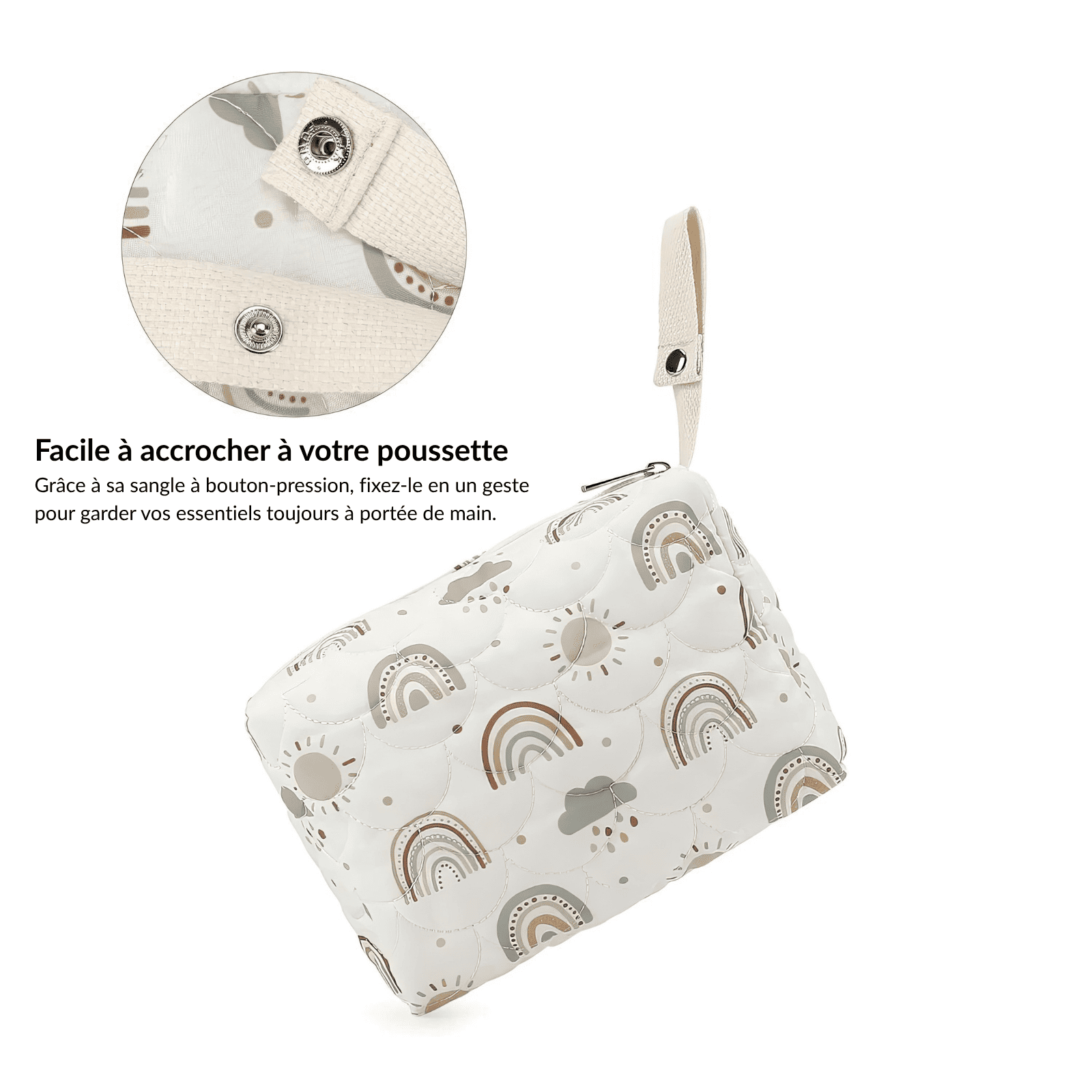 Trousse de toilette bébé vide blanc arc-en-ciel à sangle pression, facile à transporter