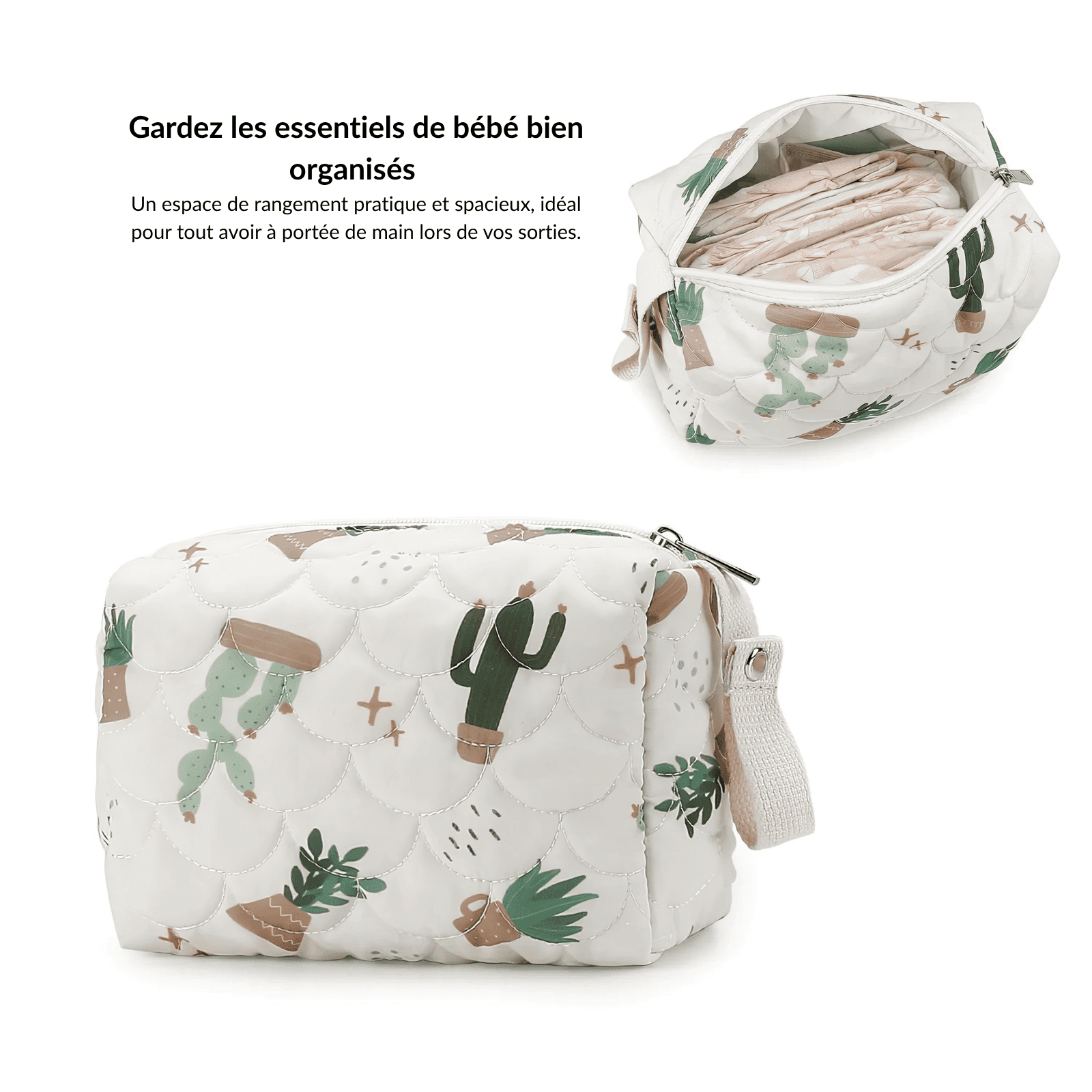 Trousse de toilette bébé vide blanc cactus avec intérieur spacieux pour couches et lingettes