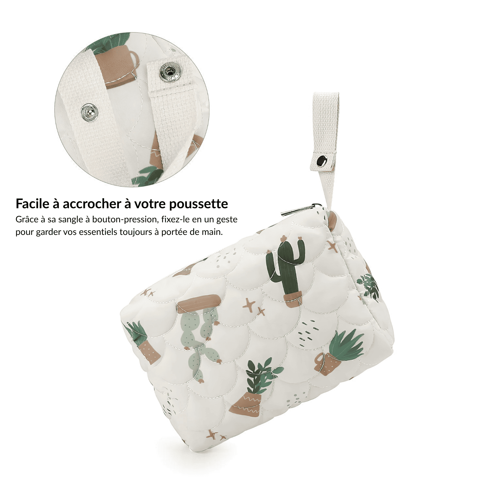 Trousse de toilette bébé blanc cactus facile à accrocher à la poussette avec sangle à pression