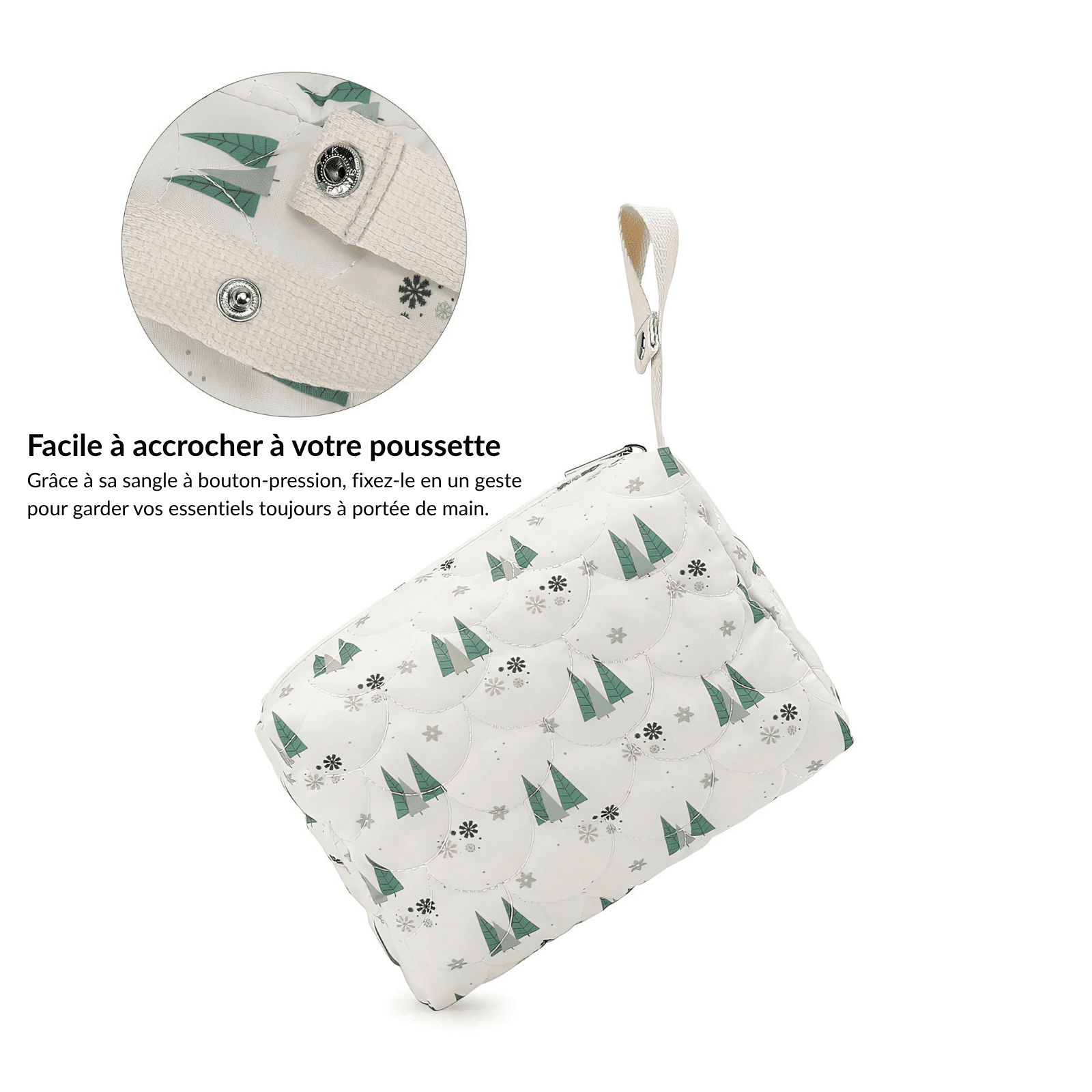 Trousse de toilette bébé blanc forêt pratique à fixer à la poussette, idéale pour les sorties