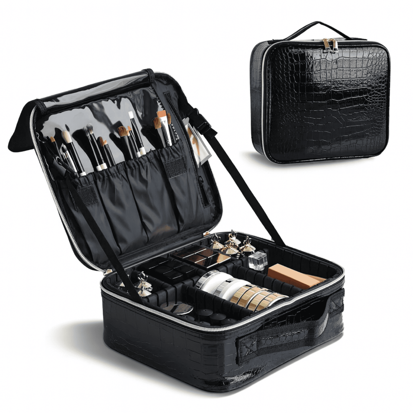 Intérieur d’une trousse de toilette femme avec compartiment modulable en mousse noire, parfaite pour une organisation soignée des produits cosmétiques.