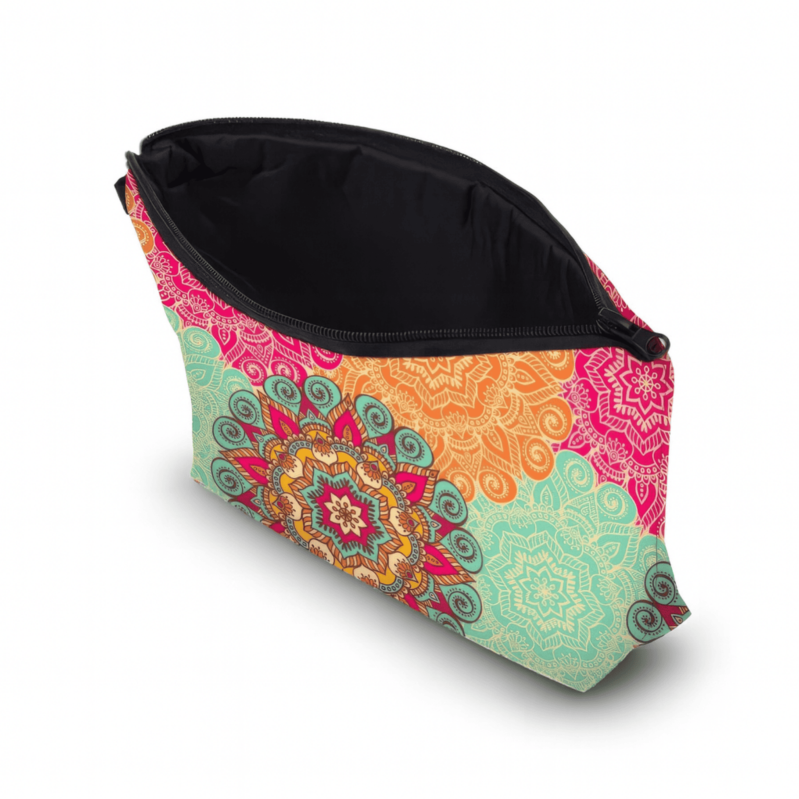 Trousse de toilette femme coloré ouverte montrant la grande capacité intérieure et la fermeture éclair