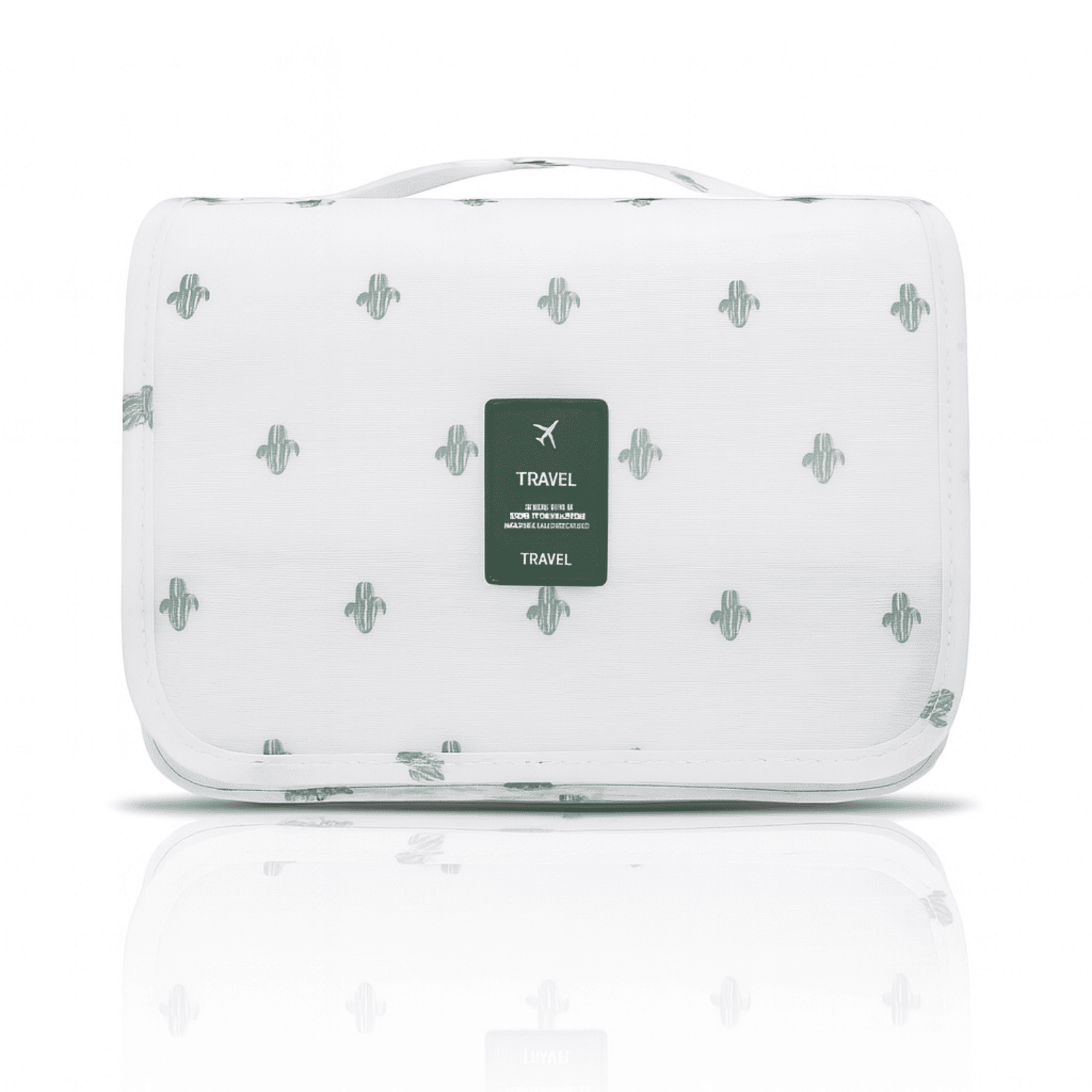 Trousse de toilette femme dépliante motif cactus, vue de face sur fond blanc, design frais et moderne.