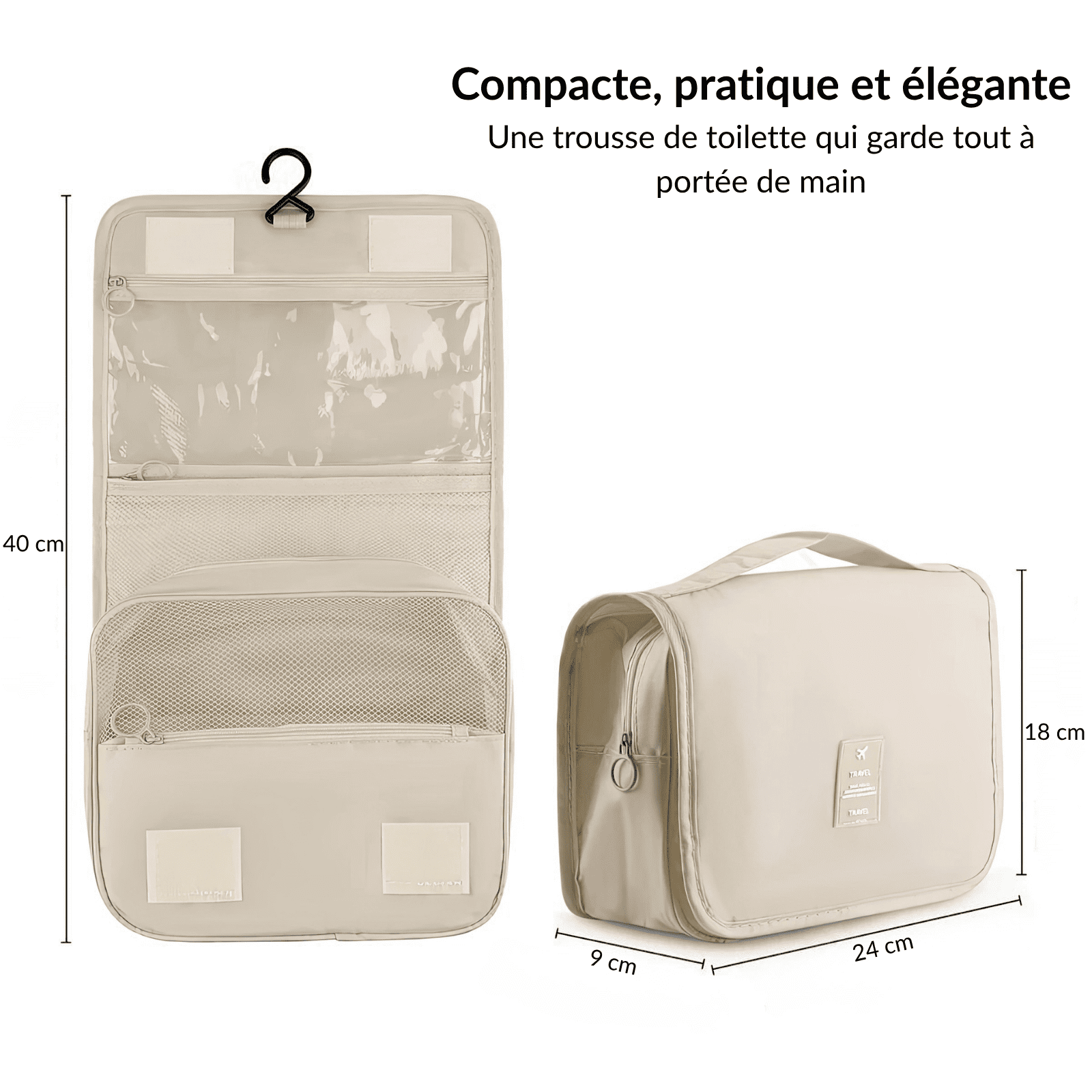 Trousse de toilette femme dépliante beige ouverte avec crochet de suspension, poches zippées et dimensions 24 x 18 x 9 cm.