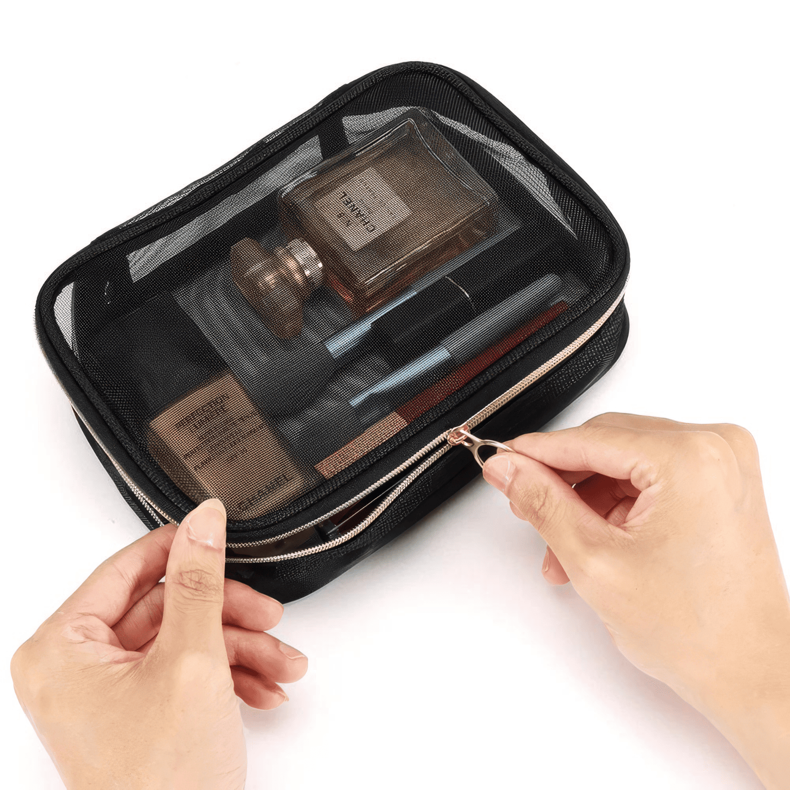 Trousse de toilette femme souple et transparente avec fermeture éclair et maquillage visible