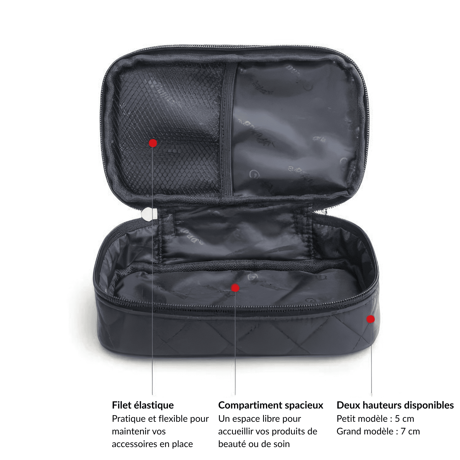 Trousse de toilette femme tissu avec compartiment spacieux et filet élastique pratique