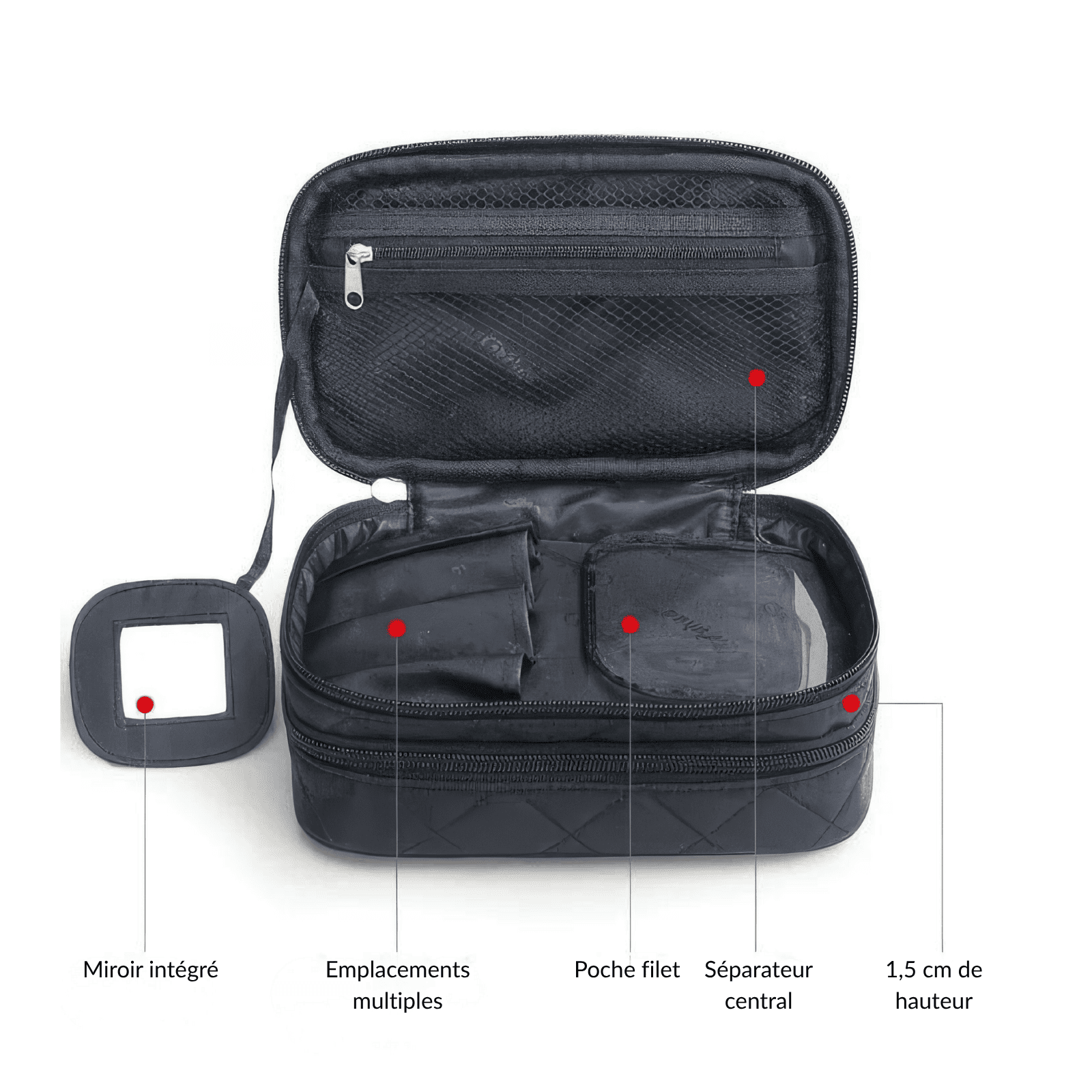 Trousse de toilette femme tissu avec miroir intégré, multiples emplacements et séparateur central
