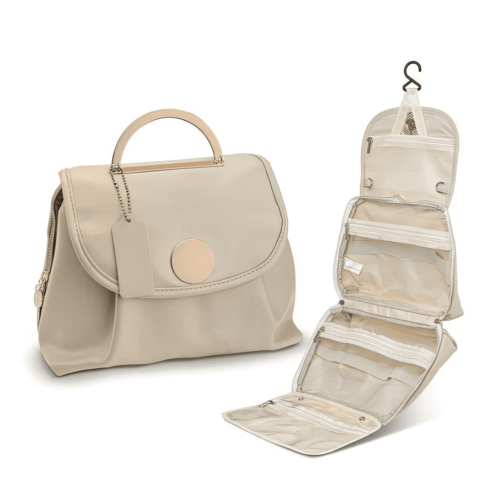Trousse de toilette format voyage beige, élégante avec poignée dorée et intérieur dépliant à crochets pour suspension.