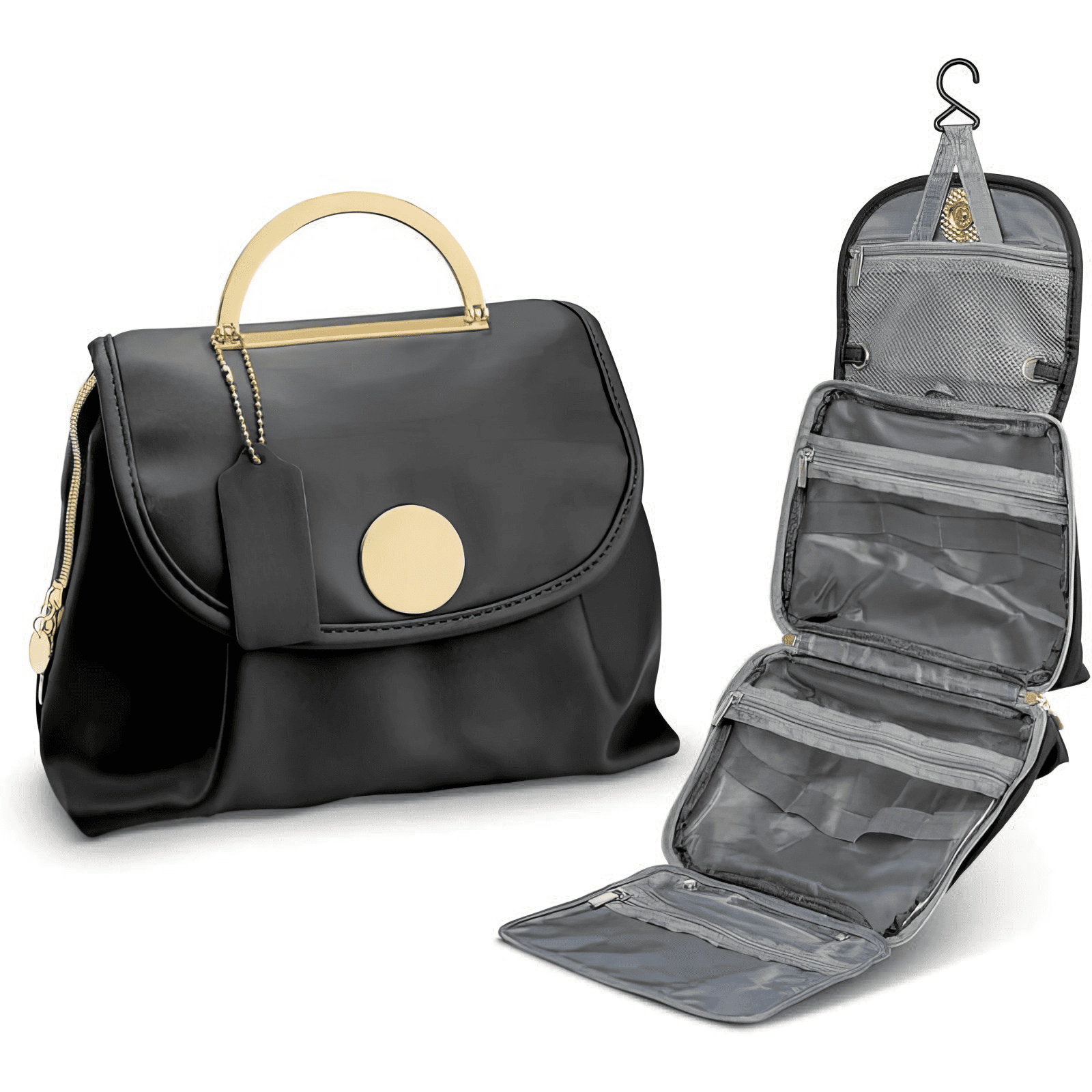 Trousse de toilette format voyage noire avec poignée dorée et compartiments transparents, design chic et pratique.