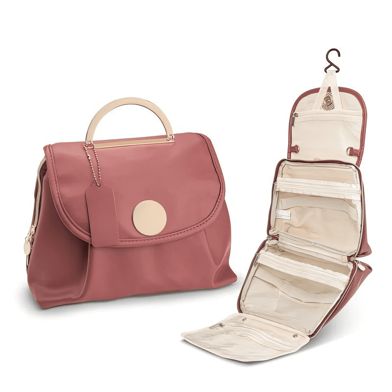 Trousse de toilette format voyage rose poudré à poignée dorée, pochette dépliante avec compartiments zippés.