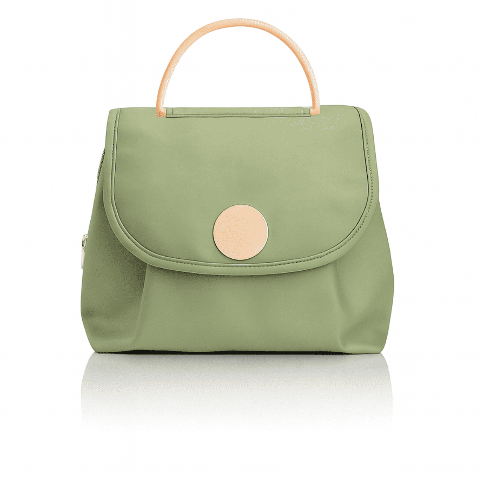 Trousse de toilette format voyage vert sauge, vue de face avec poignée beige et fermetures dorées.