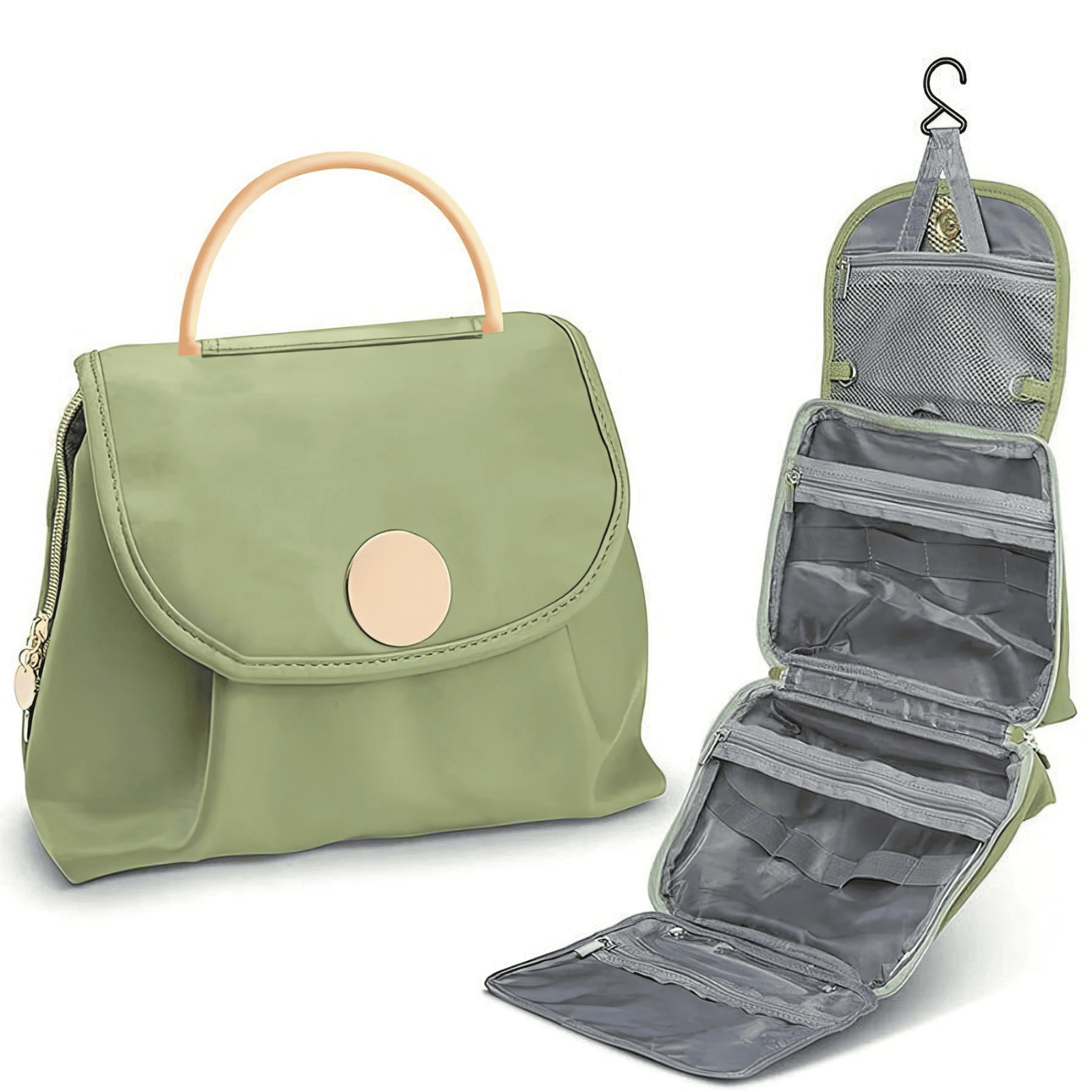 Trousse de toilette format voyage vert sauge, design élégant avec crochet suspendu et plusieurs poches de rangement.